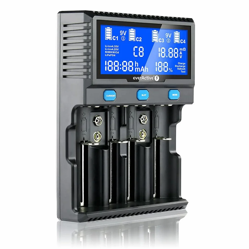 everActive Ładowarka do 4 cylindrycznych akumulatorów litowo-jonowych i Ni-MH, profesjonalna, szybka i uniwersalna, wyświetlacz LCD, test pojemności, model: UC4200