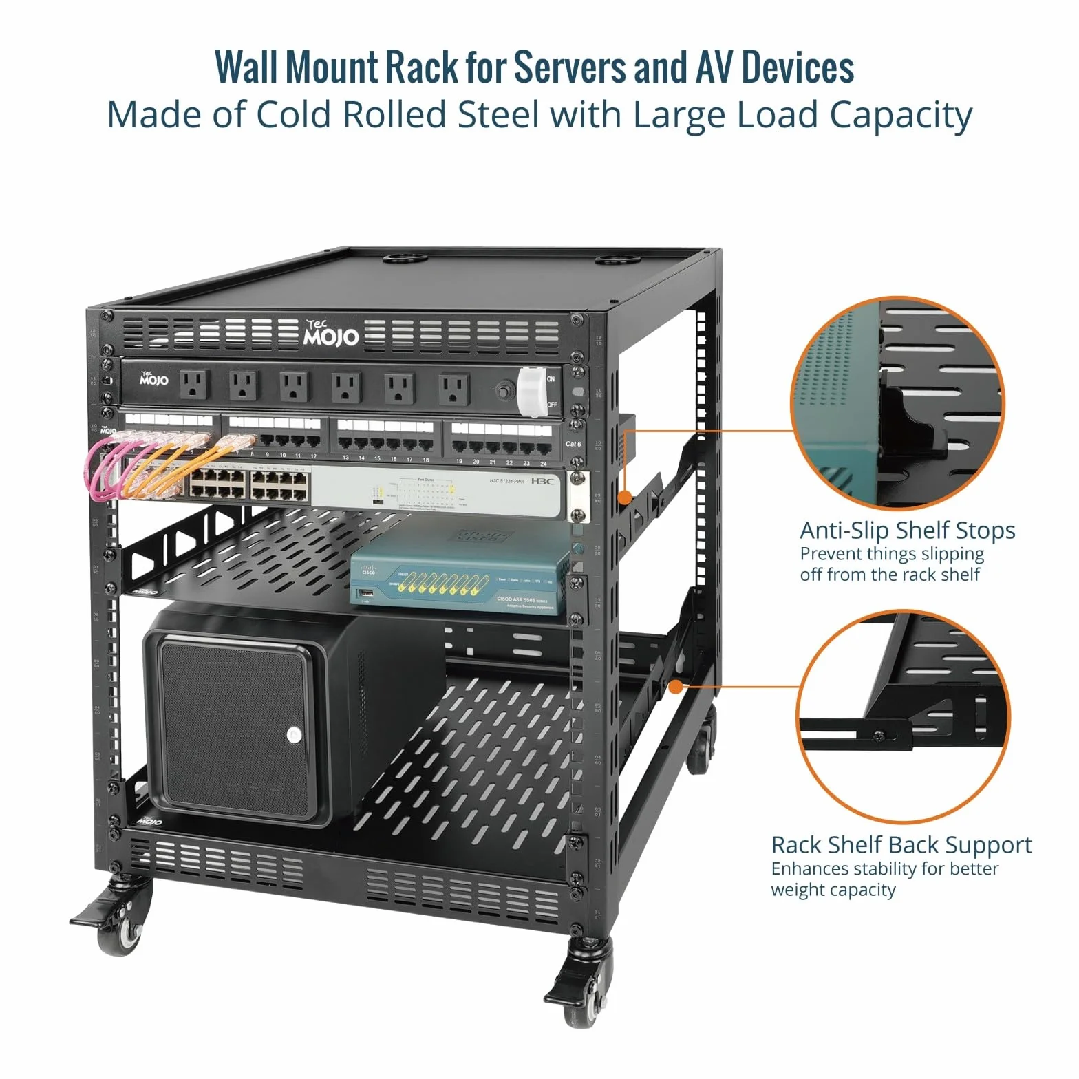Tecmojo 19" Open Frame Rack sieciowy do serwerów i urządzeń AV, możliwość montażu na ścianie i stojącej, szafa sieciowa, 4 słupki z kółkami, z 2 wkładanymi półkami 1U i materiałem montażowym (12U)