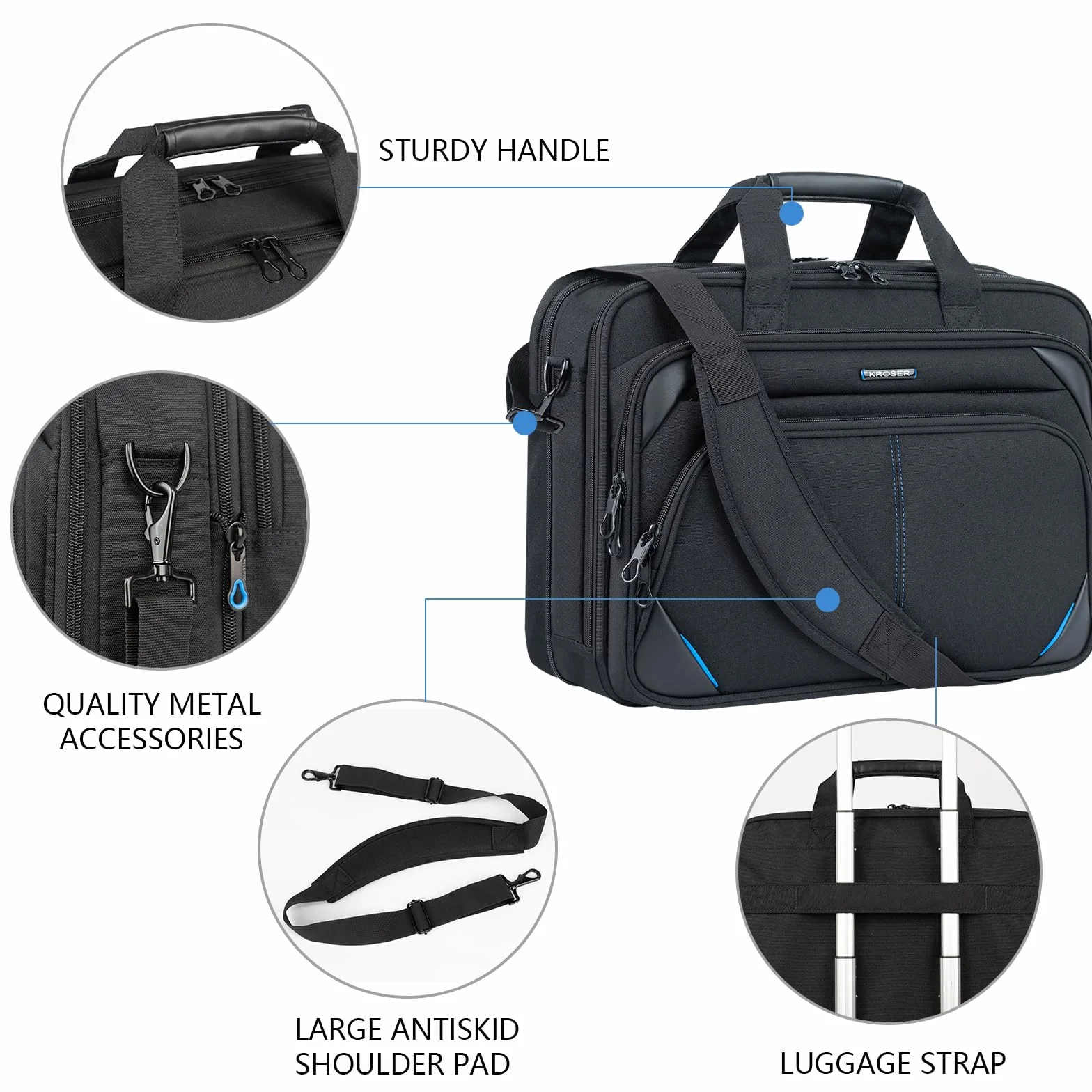 KROSER Torba na laptopa 18-calowa torba biznesowa Laptop na komputer 17,3-calowy, teczka na laptopa, wodoodporna torba na ramię z kieszeniami RFID na studia/mężczyźni/kobiety/mężczyźni/kobiety
