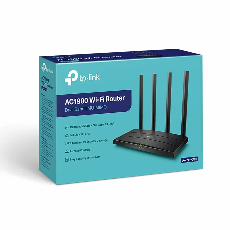 TP-Link Archer C80 Router WiFi – AC1900 Dwuzakresowy (5 GHz 1300 Mb/s + 2.4 GHz 600 Mb/s), MU-MIMO, Beamforming, Kontrola Rodzicielska