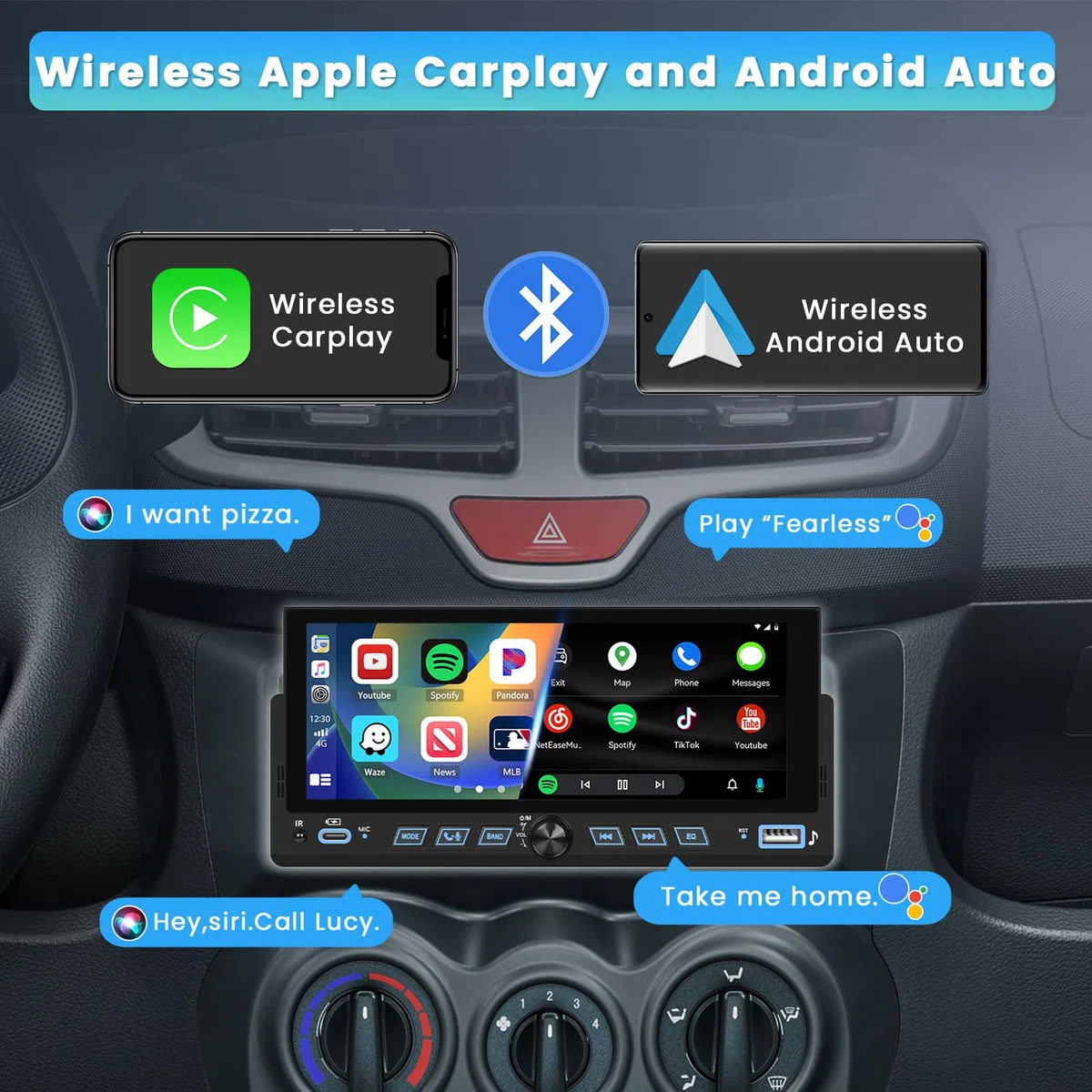 Inefala radio samochodowe Bluetooth 1 DIN z bezprzewodową funkcją CarPlay i Android Auto, radio 1 DIN z ekranem 6,9 cali, Mirror Link, radio FM, USB, Typ-C, SWC, EQ, kamera cofania, mikrofon