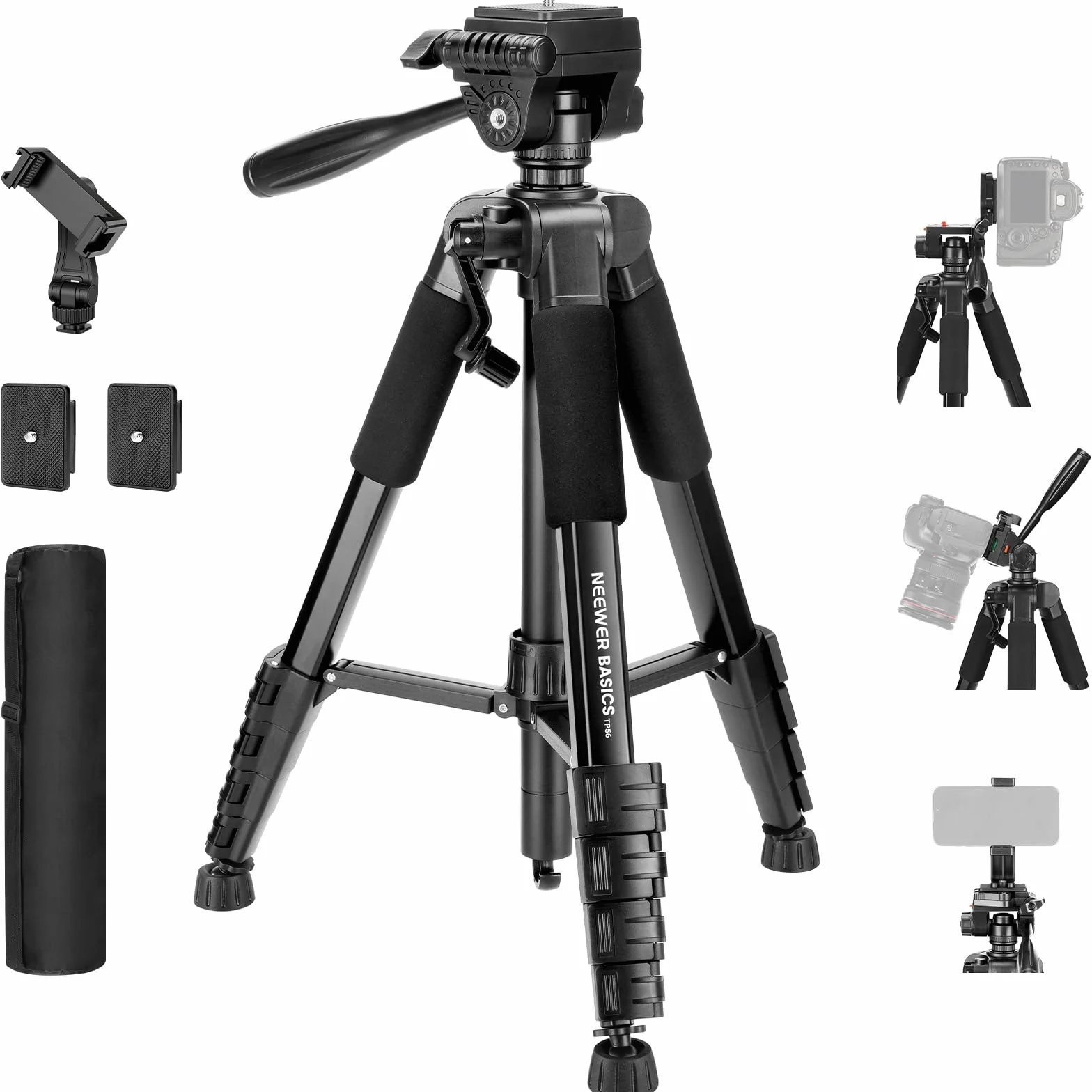 NEEWER BASICS Statyw do aparatu, 74-calowy statyw z uchwytem na telefon komórkowy, kompatybilny z iPhone'em do nagrywania wideo, profesjonalny, aluminiowy, lekki, przenośny stojak podróżny z 3