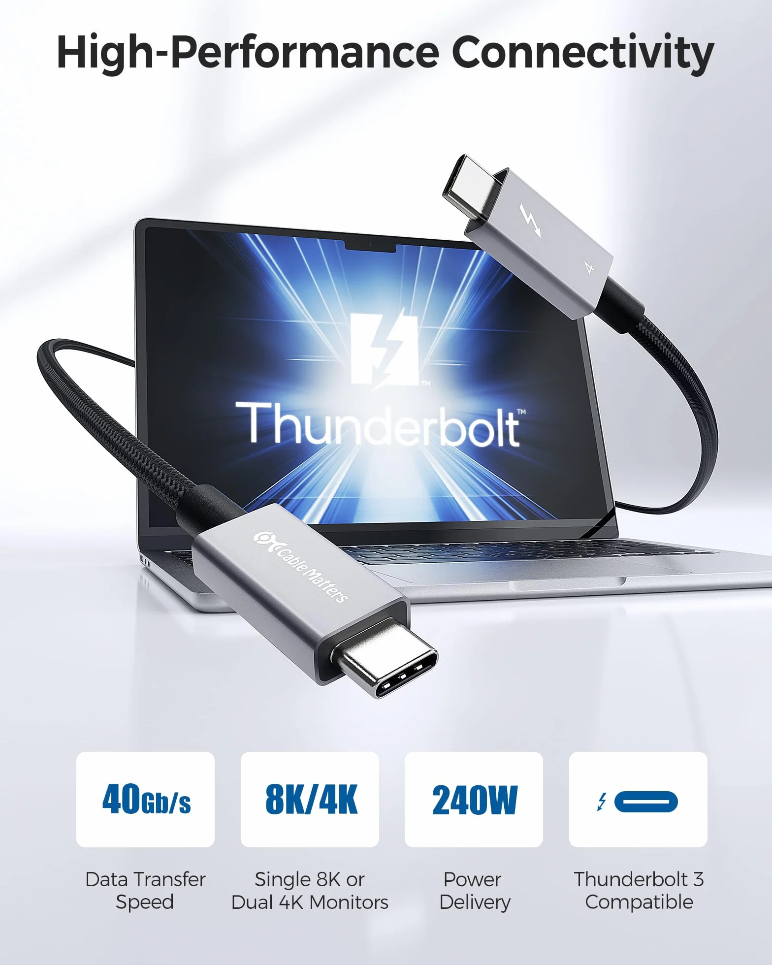 Certyfikat Intel: Cable Matters Pleciony kabel Thunderbolt 4 40 Gb/s, 1 m, czarny, z zasilaniem ładowania 240 W i wideo 8K - w pełni kompatybilny z Thunderbolt 3, USB 4 do Apple MacBook Pro, iMac