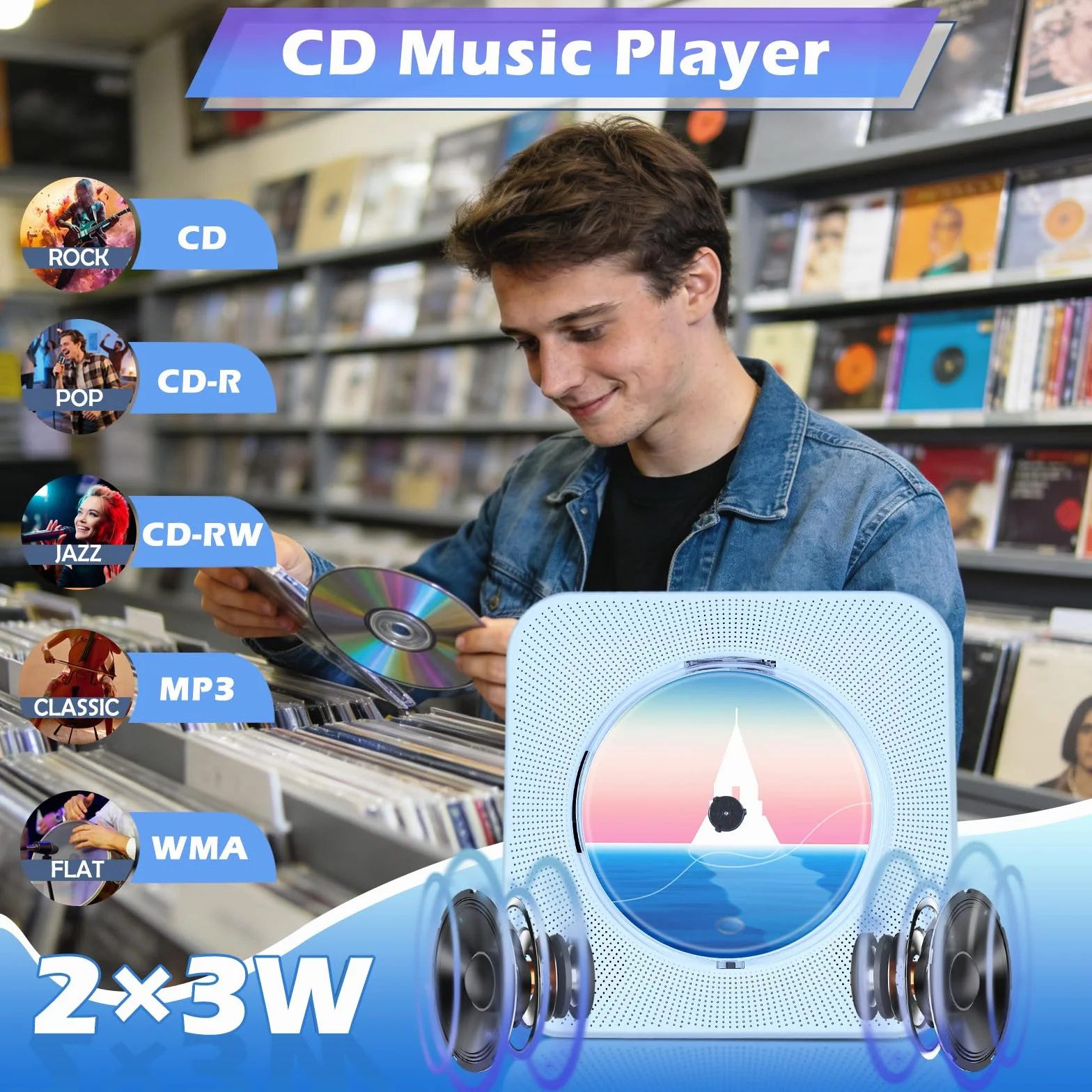 Przenośny odtwarzacz CD z Bluetooth i głośnikami, domowy odtwarzacz CD dla dzieci, odbiornik/nadajnik Bluetooth, radio FM, gniazdo słuchawkowe i USB, pilot zdalnego sterowania, niebieski
