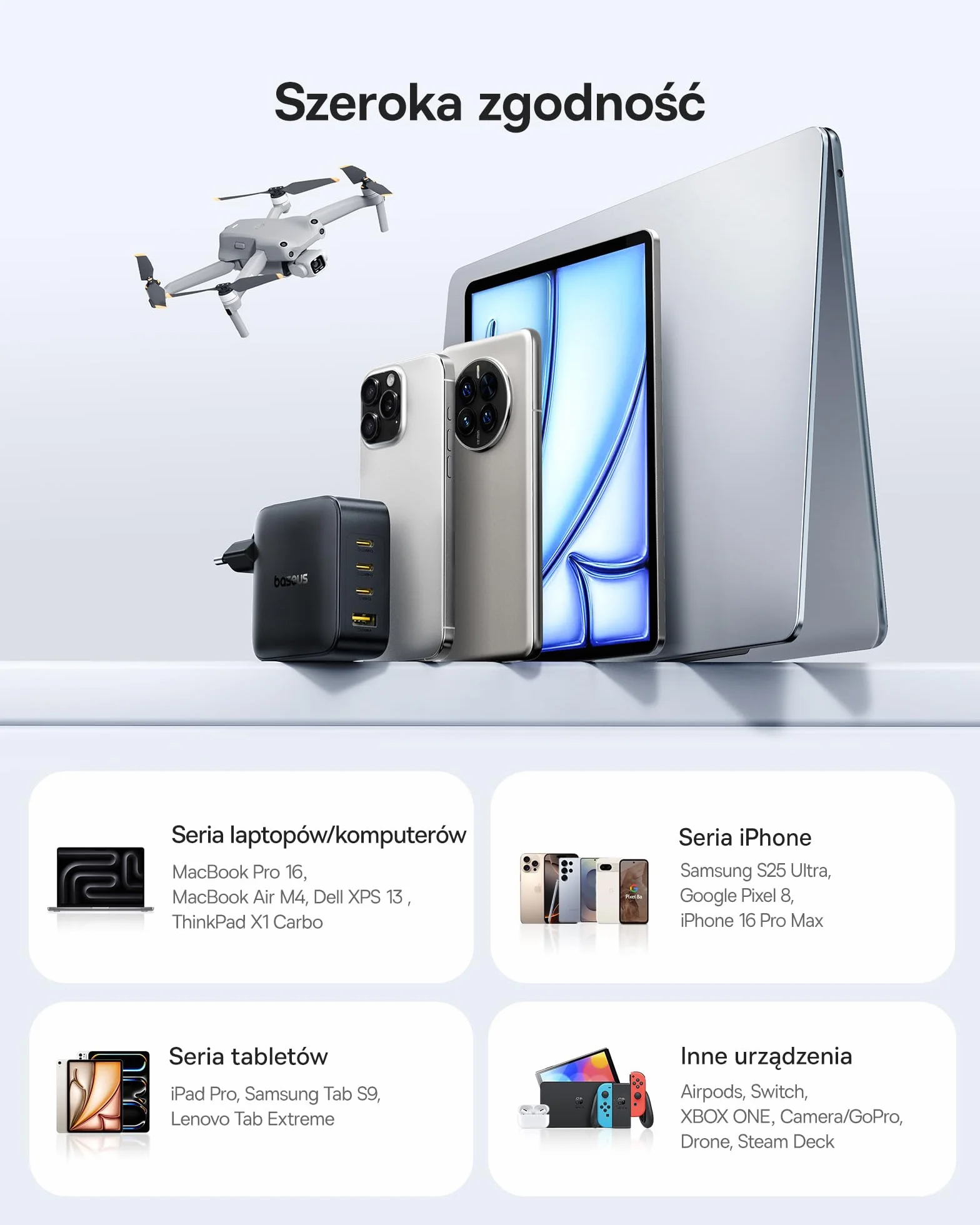 Baseus Enerfill Ładowarka USB C 140W, 4-Portowy Zasilacz USB C, Ładowarka PD Z PPS, GaN Szybka Ładowarka Kompatybilna Z MacBook Pro/Air, IPad, Laptopem, iPhone 17/16/15/14/13/12, Galaxy S25