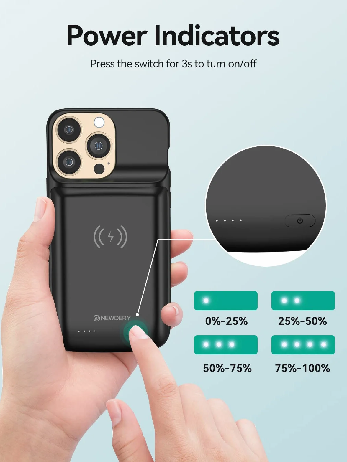 NEWDERY Etui z akumulatorem do iPhone 15 Pro Max/iPhone 15 Plus, 10 000 mAh, USB C, Qi, bezprzewodowe ładowanie