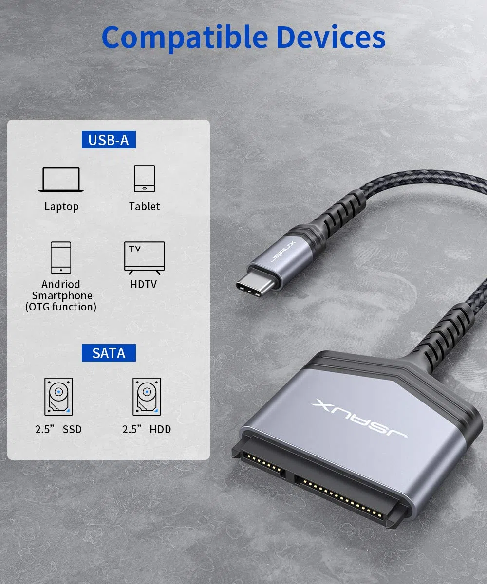 JSAUX Kabel SATA na USB C, USB C 3.1 do 2,5" SATA III, adapter do dysków twardych typu C do 2,5" SSD i transmisji danych HDD, kompatybilny z Thunderbolt 3 Macbook Pro 2021/2020, Mac Mini itp. (szary)