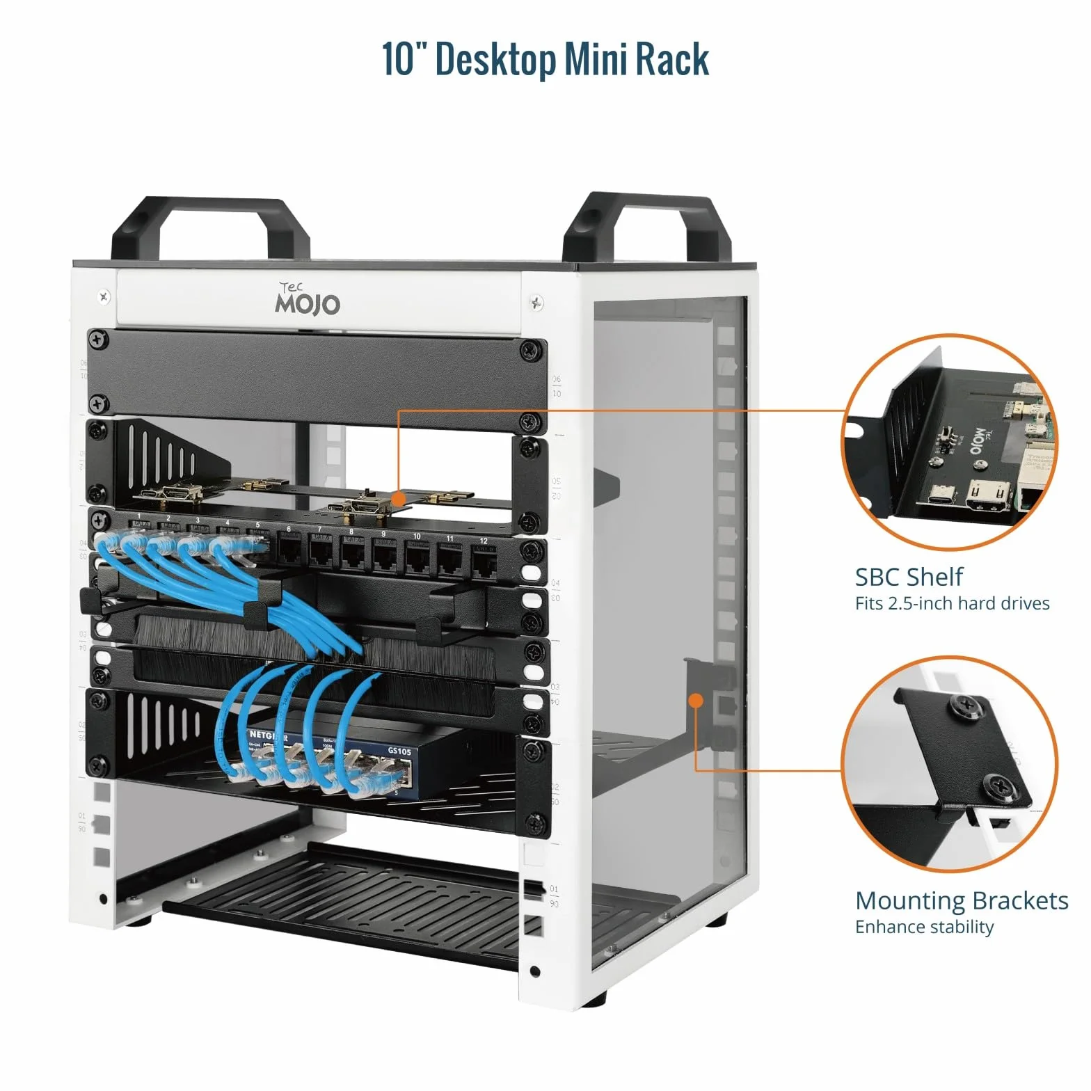 Tecmojo Mini stojak na biurko 10", 6U, głębokość 200 mm, szafa sieciowa z kieszenią SBC, karta adaptera micro HDMI do HDMI i zaślepka, do urządzeń AV, NAS i serwerów
