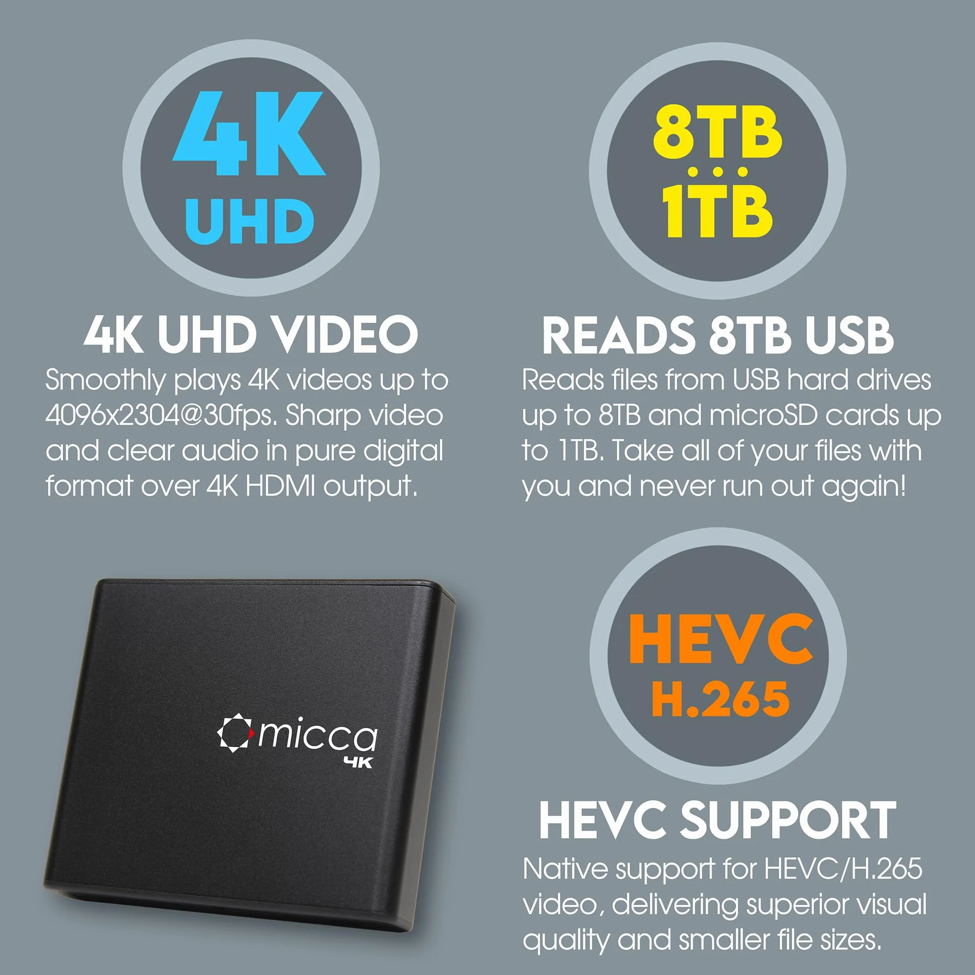 Micca Speck Cyfrowy odtwarzacz multimedialny 4K Ultra-HD do napędów USB i kart MicroSD, Digital Signage, H.265/HEVC H.264/AVC MP4 MKV, MP3, muzyka, zdjęcia JPG, 4K HDMI, analogowe AV, automatyczne
