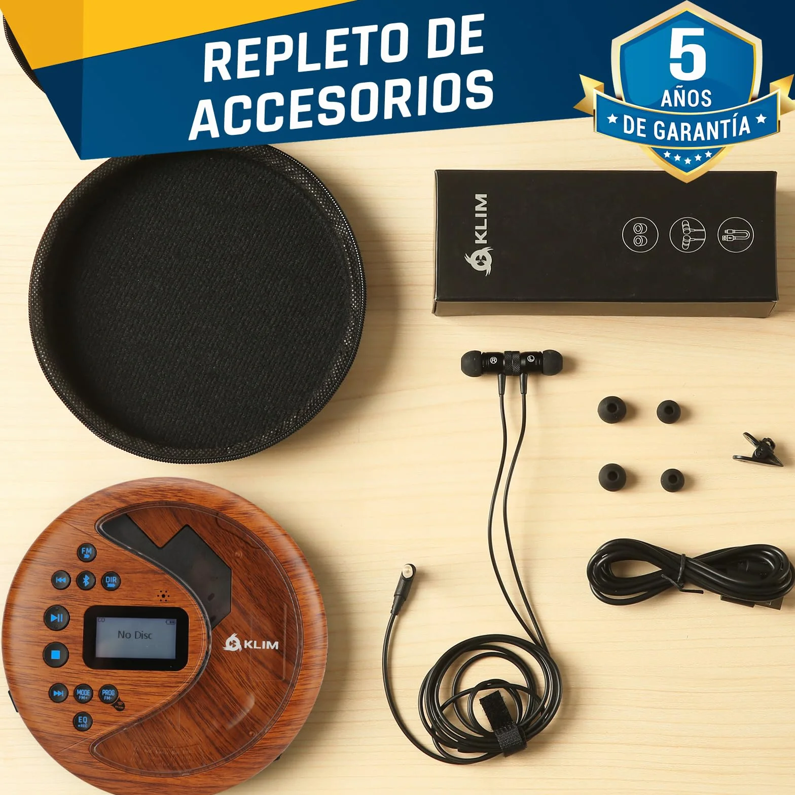 KLIM Discover Wood - Przenośny odtwarzacz CD z długotrwałą baterią - Nowy - ze słuchawkami - Radio FM - Przenośny odtwarzacz CD MP3 - Karta SD, nadajnik FM, Bluetooth - Idealny do samochodów
