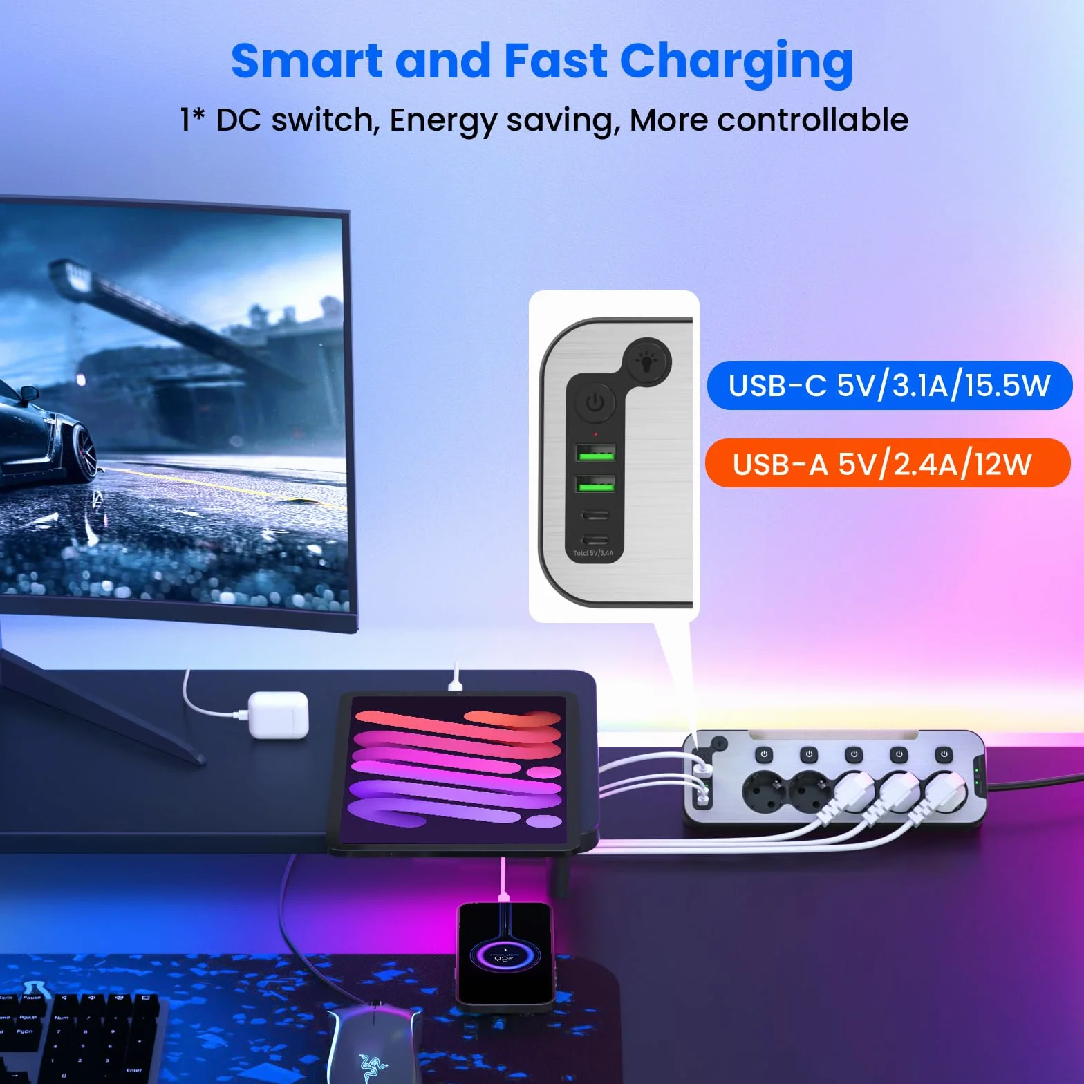 Listwa Zasilająca Przeciwprzepięciowa Gniazdo Narożne Stal Nierdzewna USB C 5 Gniazd Schuko Kabel 2M Czarna