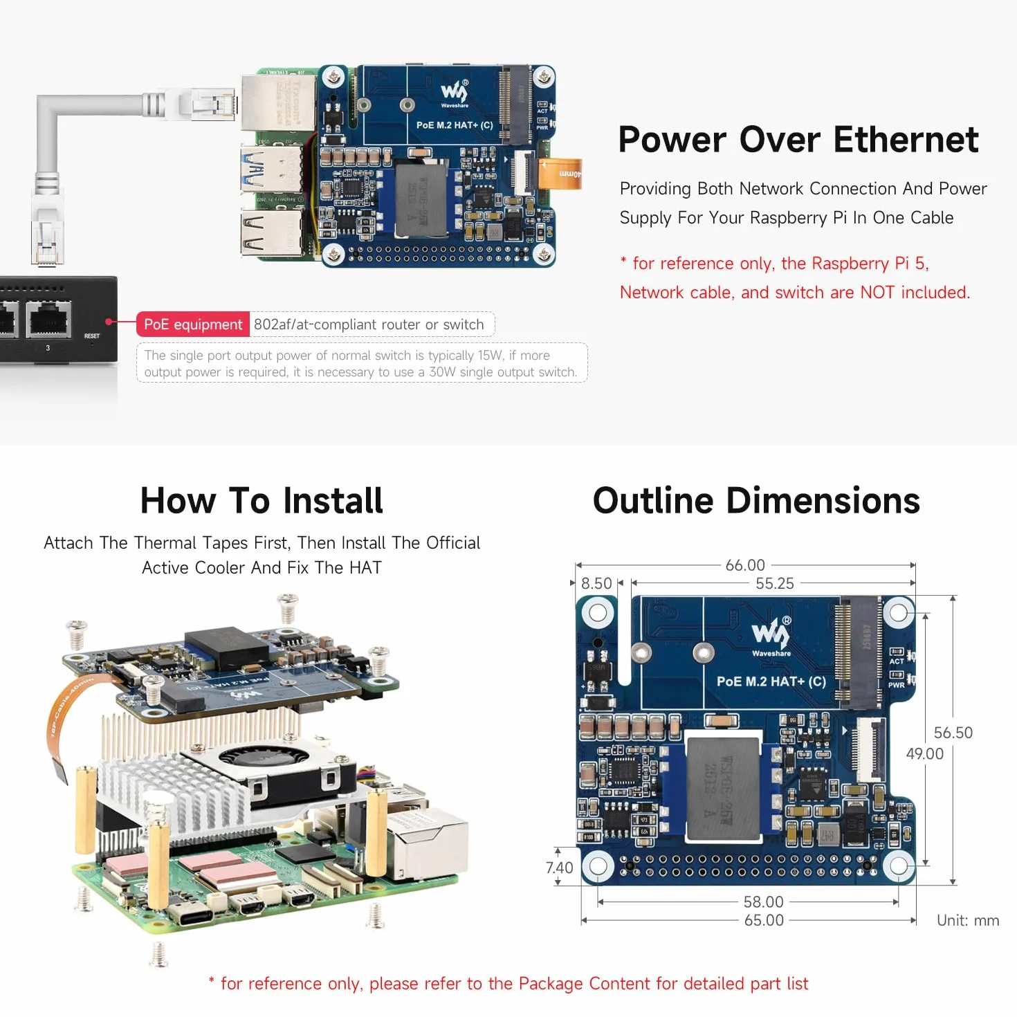 Waveshare PCIe to M.2 Adapter with PoE Function (C), Compatible with Raspberry Pi 5, Supports NVMe Protocol M.2 Solid State Drive, High-Speed Reading/Writing