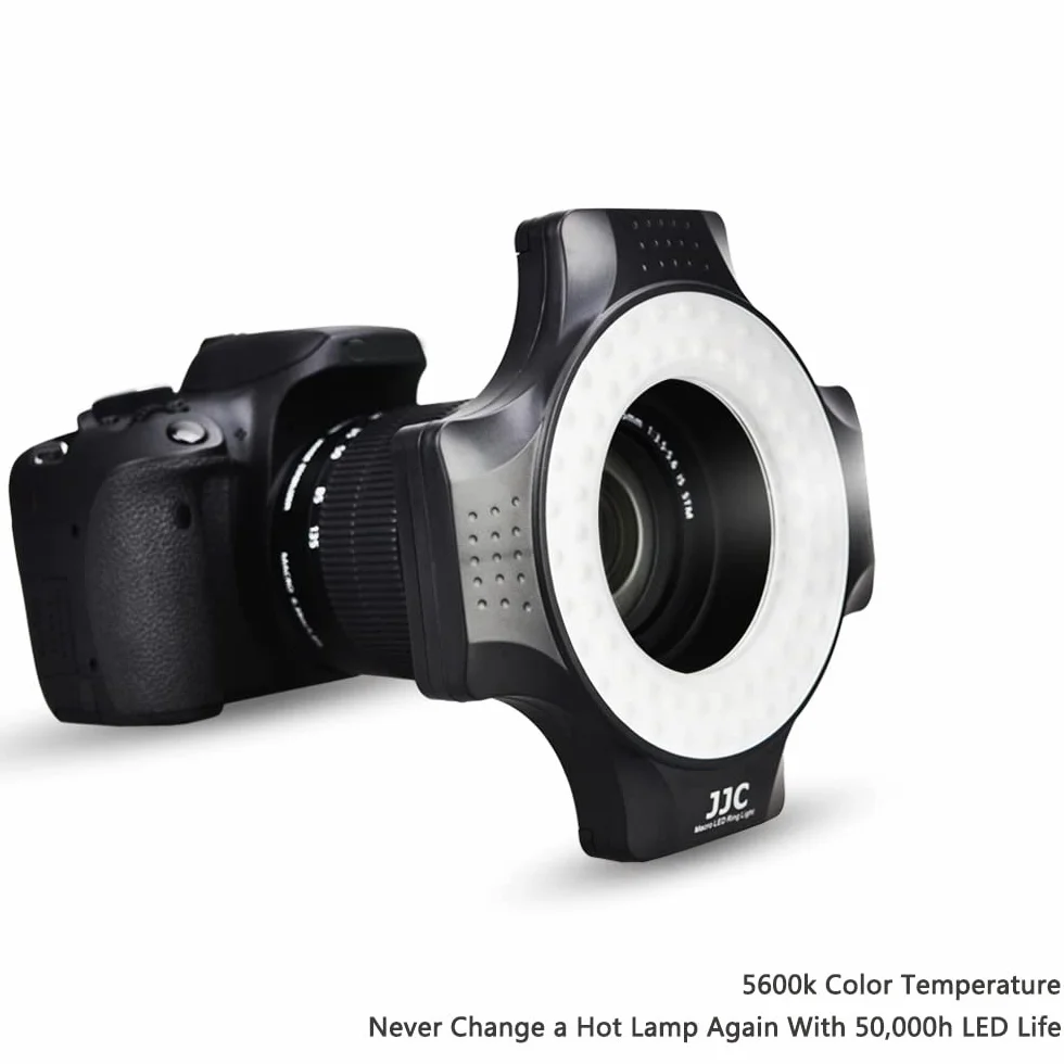 JJC Makro LED lampa pierścieniowa z 60 diodami LED o wysokiej intensywności, dyfuzor lampy błyskowej do obiektywu Canon Sony Nikon Olympus Fuji DSLR, 6 pierścieni dopasowania obiektywu - od 49 mm do