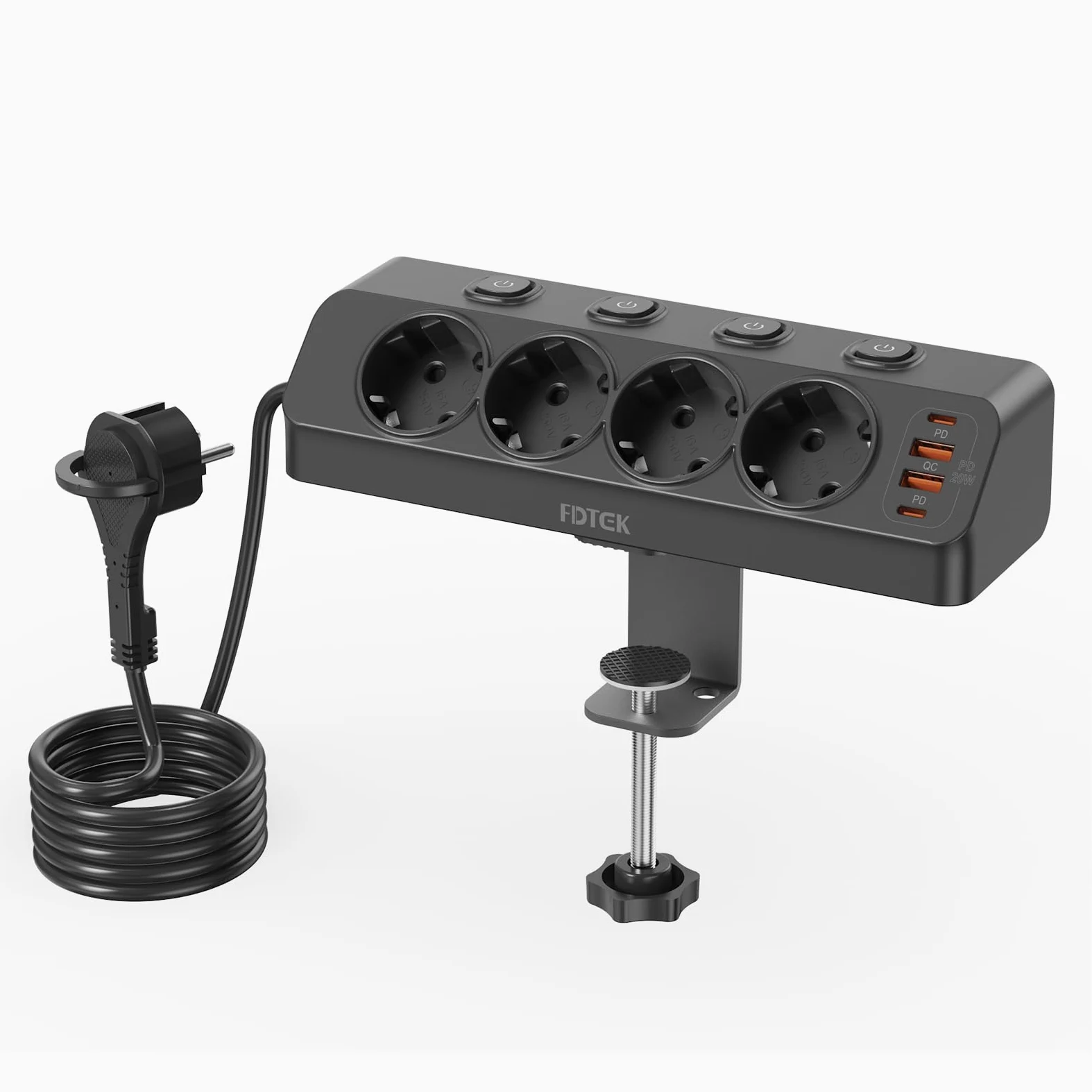 FDTEK Listwa zasilająca na biurko, 20 W, indywidualnie przełączana (4000 W/16 A), płaska wtyczka z USB C, 4 gniazda wtykowe z przełącznikiem, kabel 2 m, narożna listwa zasilająca do domu, biura