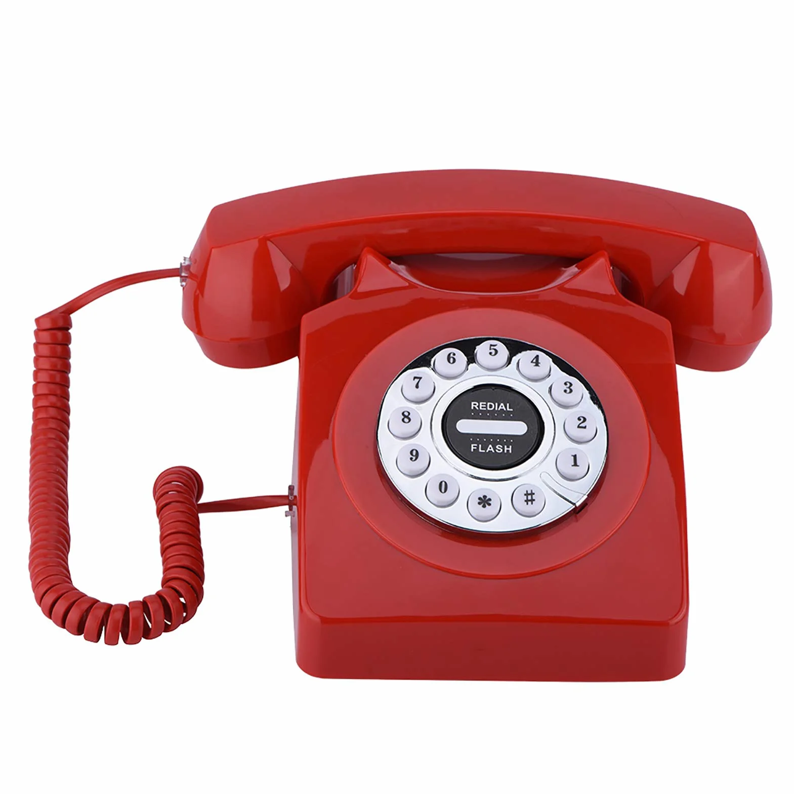 ASHATA Retro Telefon Vintage Przewodowy Analogowy Stacjonarny Klasyczny z Tarczą Obrotową Czerwony