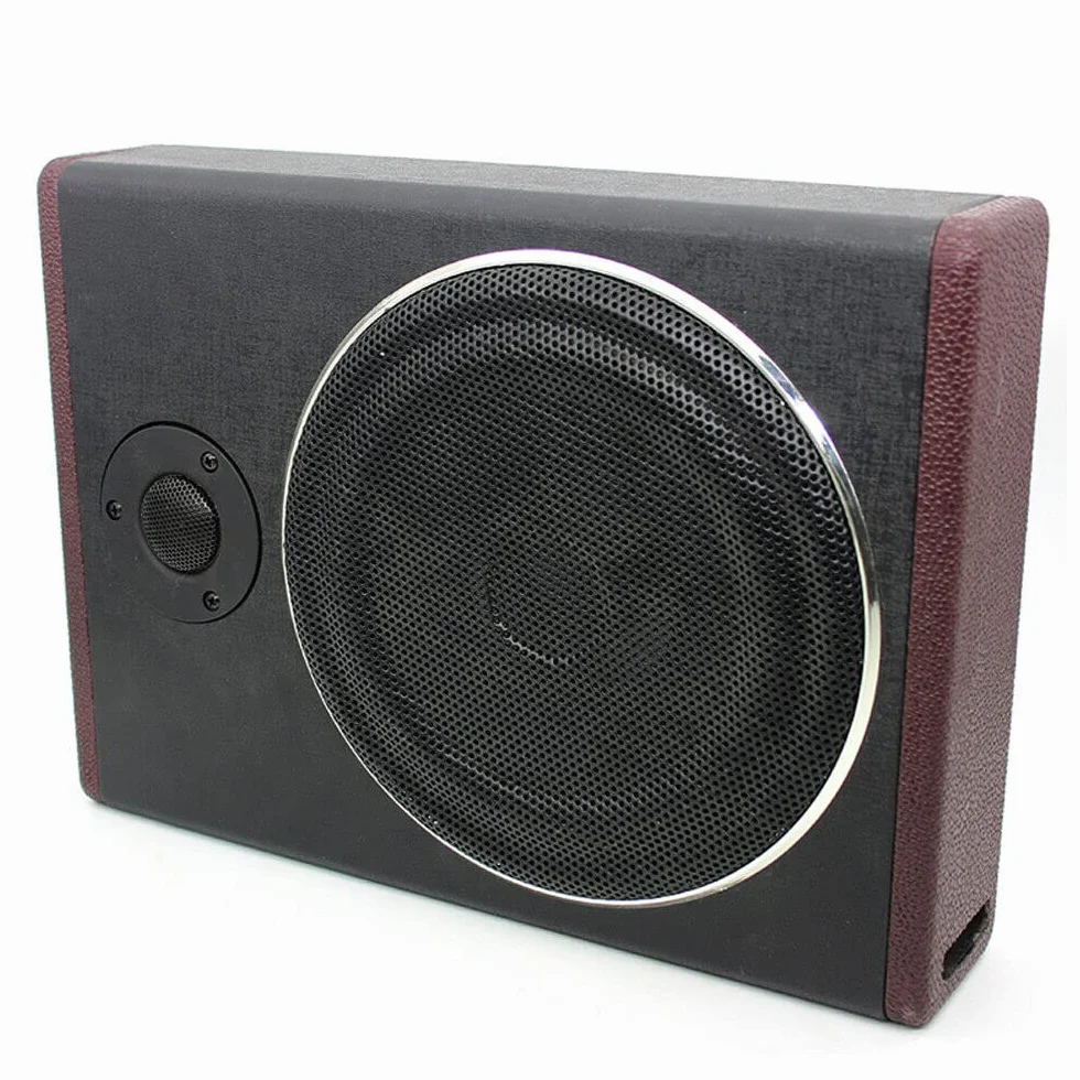 Subwoofer płaski samochodowy aktywny głośnik basowy, ultra kompaktowy pod siedzeniem, drewniany korpus pokryty skórą PU, czarny
