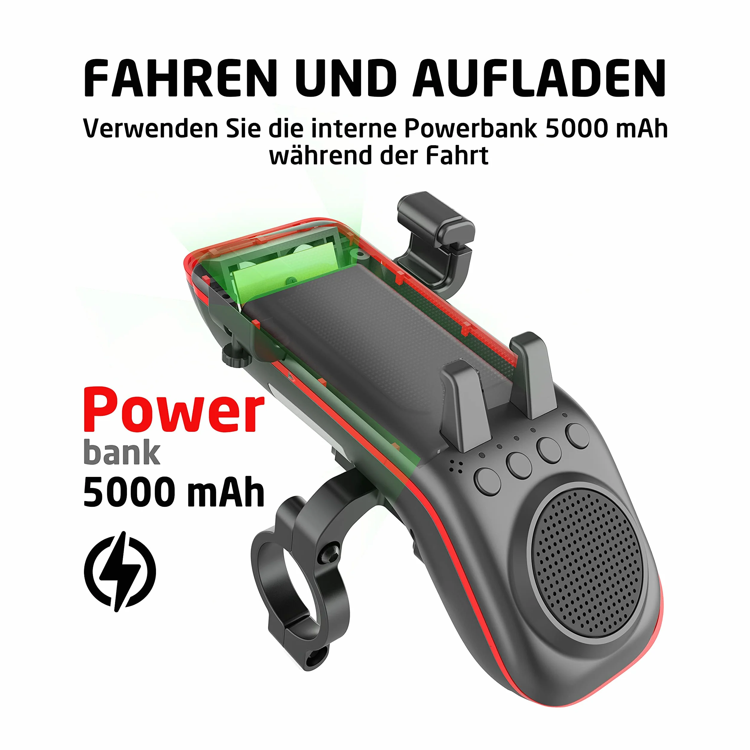 UPPEL Uchwyt rowerowy na telefon komórkowy z głośnikiem Bluetooth, powerbank 5000 mAh, dzwonek, mikrofon – wielofunkcyjny tryb TF/SD/AUX, do ekstremalnych i rekreacyjnych sportów rowerowych, rowerów