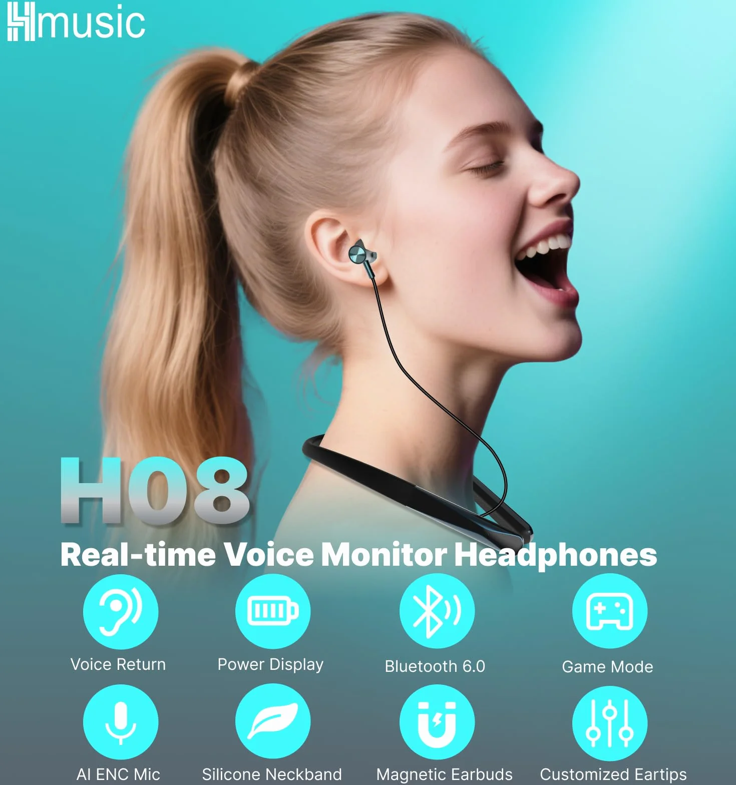 Hmusic H08 Słuchawki Bluetooth 6.0 Bezprzewodowe Mikrofon IPX5 35H