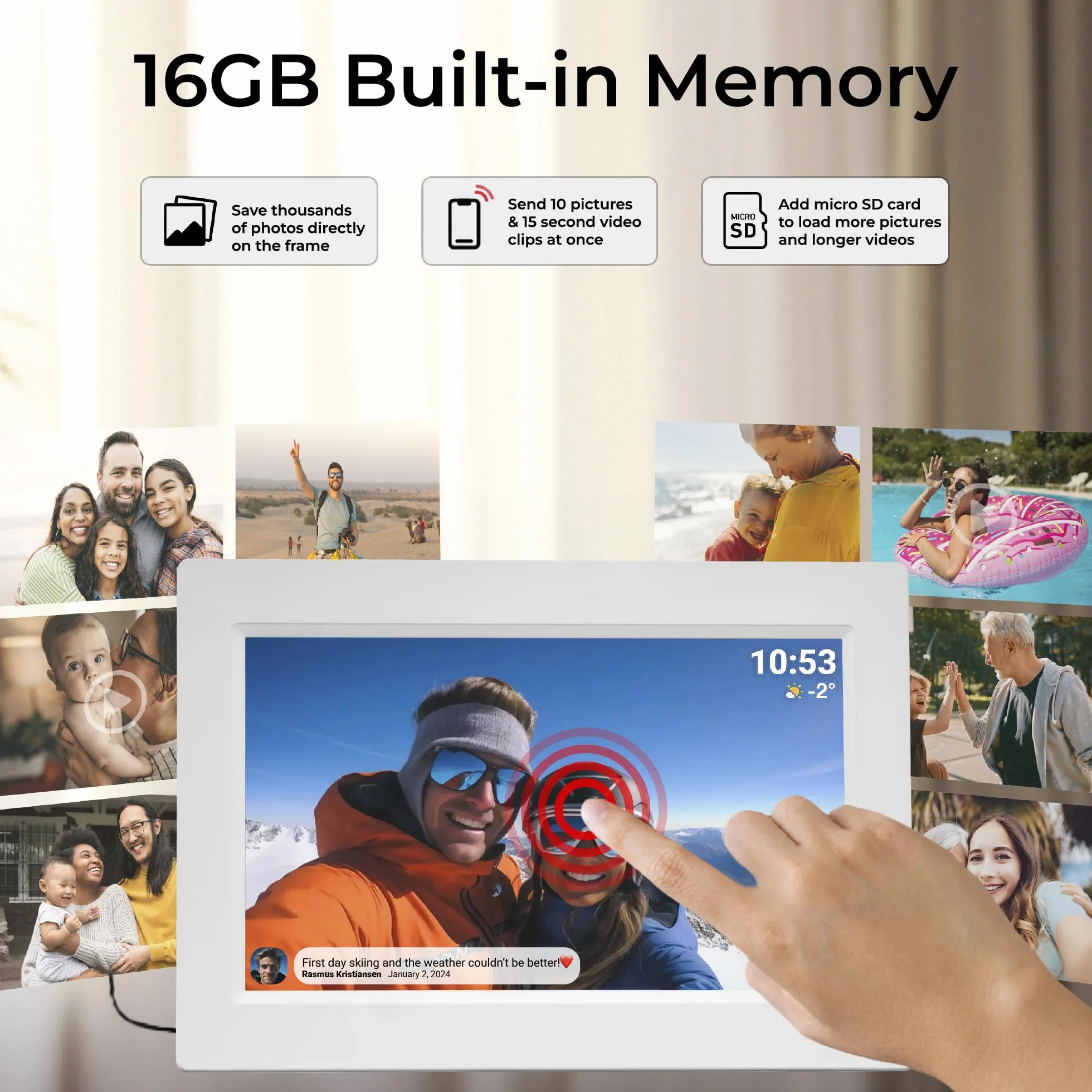 Denver Cyfrowa ramka na zdjęcia, biała, 10,1 cala z Wi-Fi – Frameo Digital Photo Frame Frame Frame z ekranem dotykowym i pamięcią 16 GB – elektryczna ramka na zdjęcia ze sterowaniem za pomocą