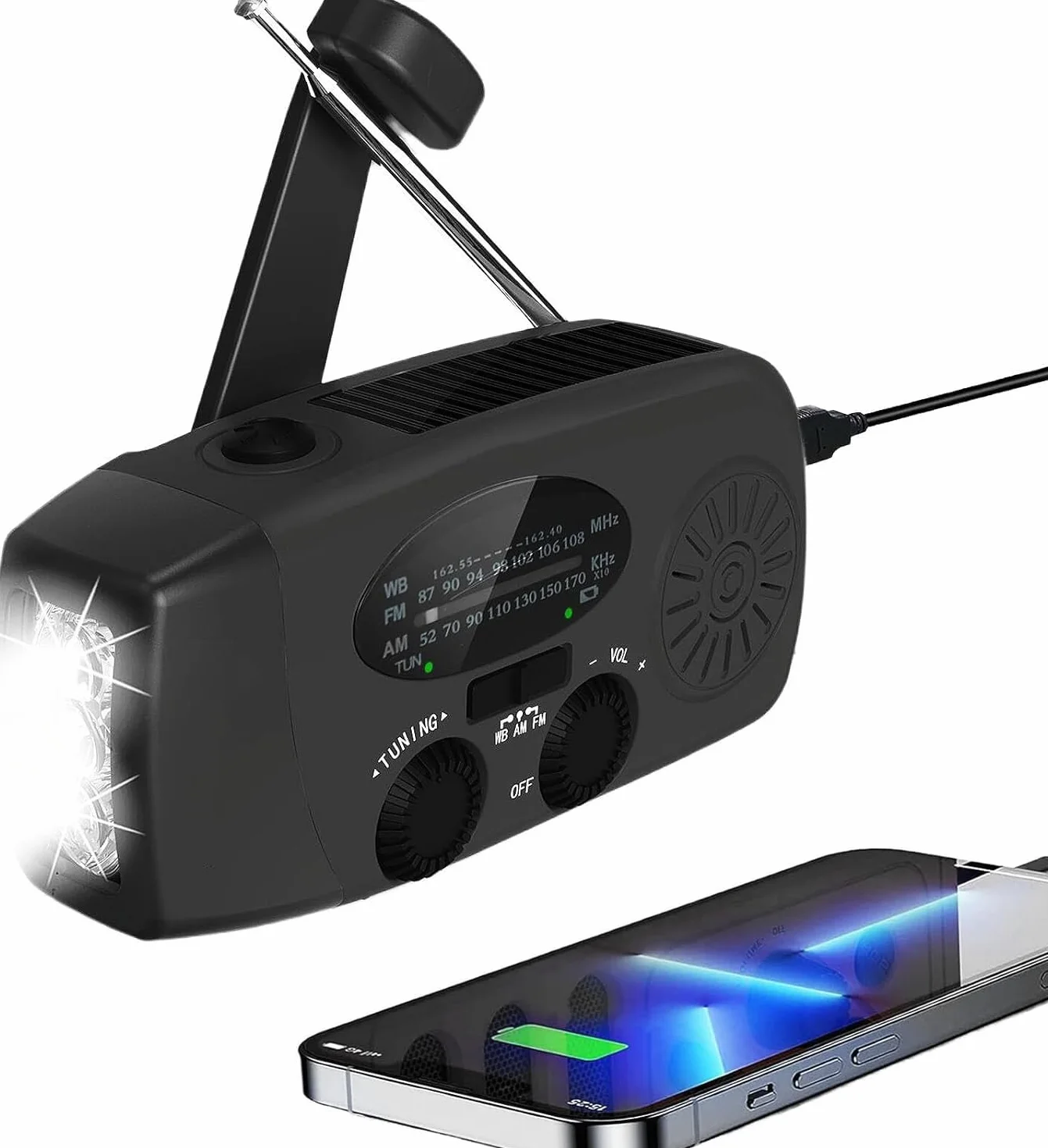 Radio awaryjne z korbą AM/FM solarne 2000 mAh powerbank latarka LED ładowarka czarny
