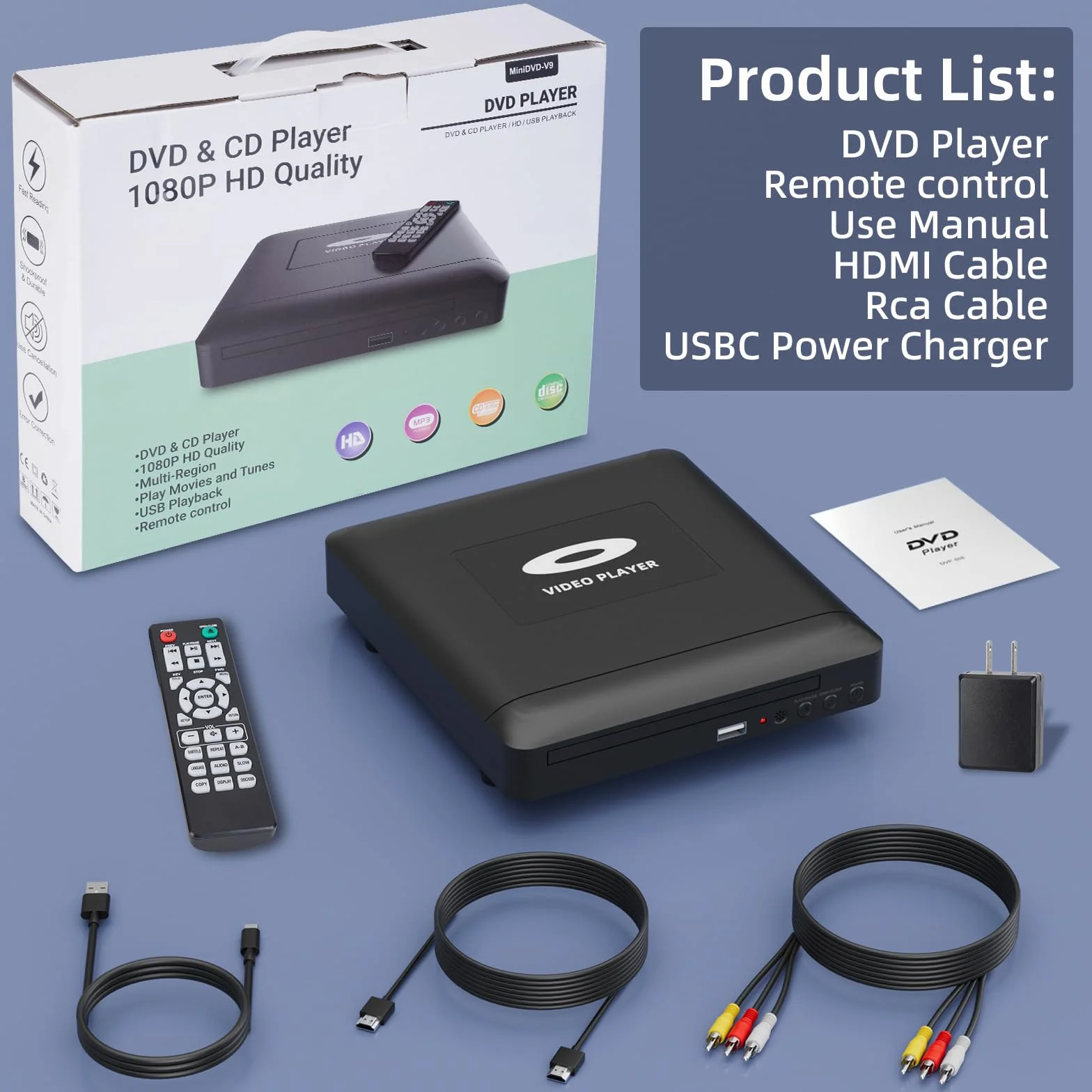 Odtwarzacz DVD Mini HD z HDMI do telewizora, wiele regionów, 1080P, pamięć Breakpoint, wbudowany PAL/NTSC, odtwarzacz CD do domu - kabel wyjściowy HDMI/RCA w zestawie