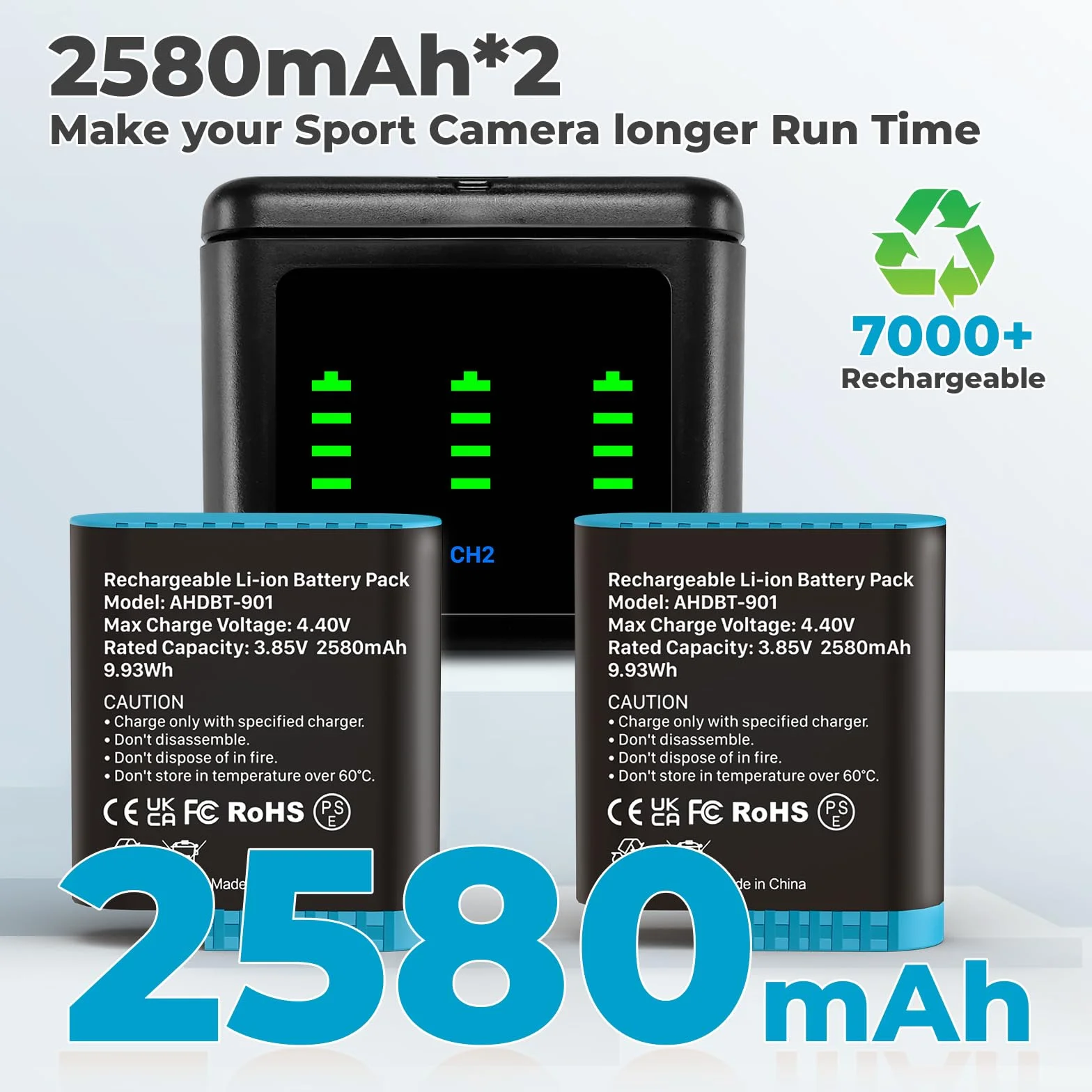 Hero12 zestaw 2 ładowarek akumulatorowych 2580 mAh, akumulator zamienny typu C, LED, trójkanałowa stacja ładująca do GoPro Hero 12 11 10 9 Black (ładowarka + 2 baterie)