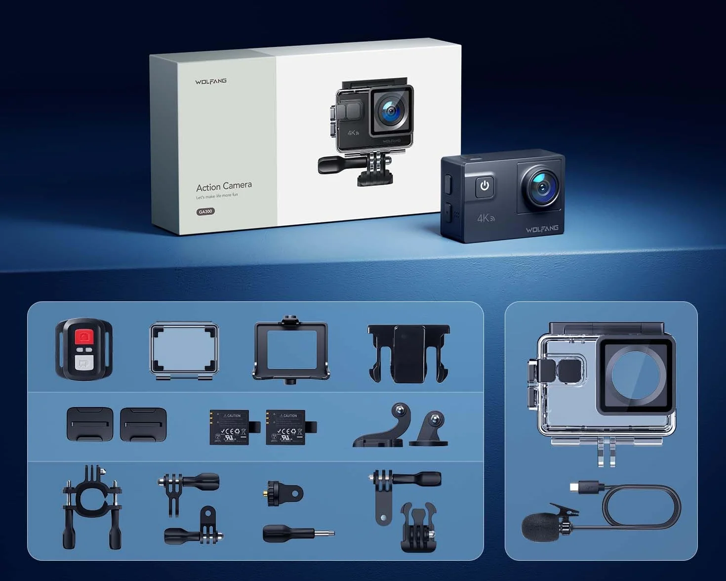 WOLFANG GA300 Kamera Sportowa 4K, Wodoodporna 40m z Kartą 32GB, WiFi 60FPS 24MP, Zoom 8x + Szeroki Kąt 170° EIS, Pilot 2.4G, Ekran Dotykowy, 2x Bateria 1350mAh
