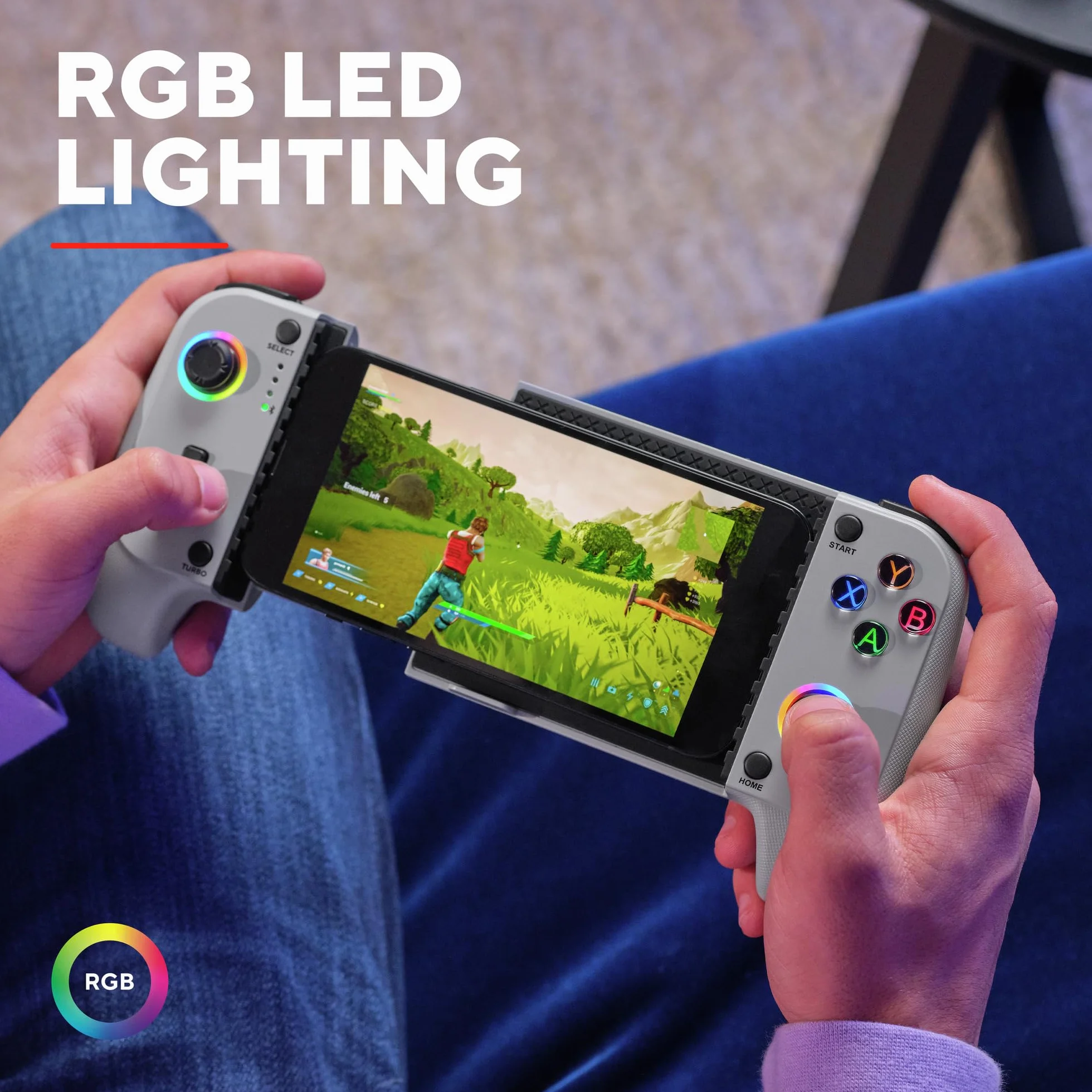 Trust Gaming GXTrust 735G Mylox Kontroler do Gier z Uchwytem na Telefon iPhone Android PS5 Xbox, Akumulator do 12h, Gamepad Bluetooth do Smartfona, Podświetlenie LED RGB, 18 Przycisków, Szary