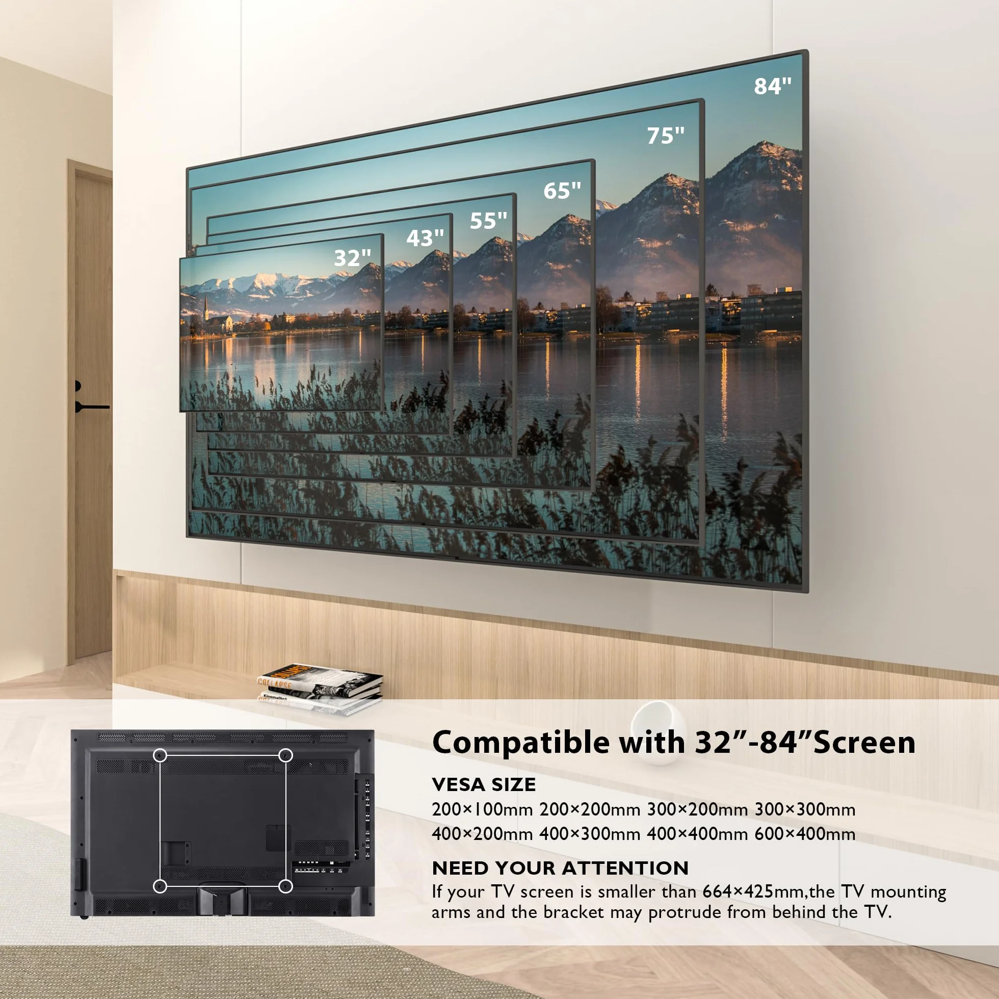 BONTEC Uchwyt Ścienny do Telewizorów 32-84" LED LCD Płaski i Zakrzywiony z Funkcją Obracania i Nachylania, Mocne Podwójne Ramiona do 60 kg, VESA 600x400 mm