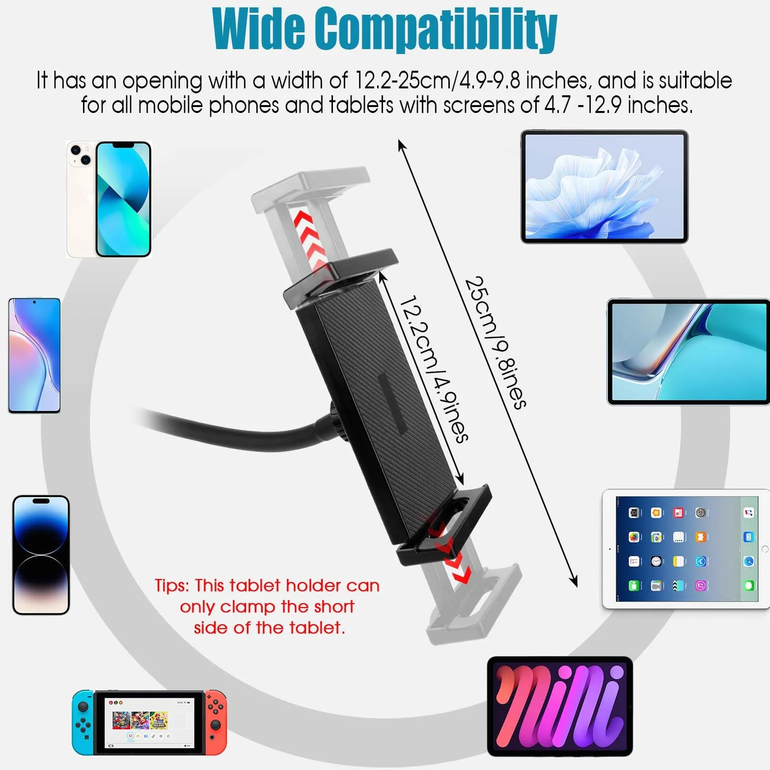 UMILKI Uchwyt na rower stacjonarny na tablety, elastyczny uchwyt na tablet na szyję do siłowni, szyi gęsi regulowany uchwyt do iPada Pro, Air i Mini Tablet(4,7"-12,9")
