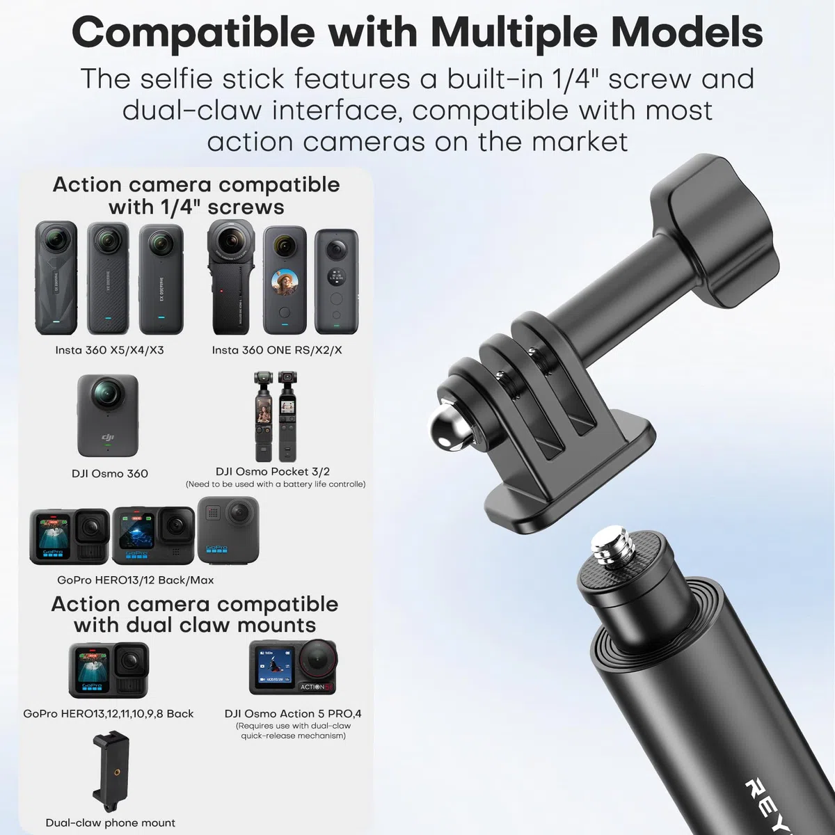 REYGEAK 130 cm kijek do selfie, aluminiowy, niewidoczny kijek do selfie, do montażu statywu z adapterem, Extendable Handheld Pole Stick Monopod kompatybilny z DJI Osmo 360/Pocket 3/Action, Insta-360