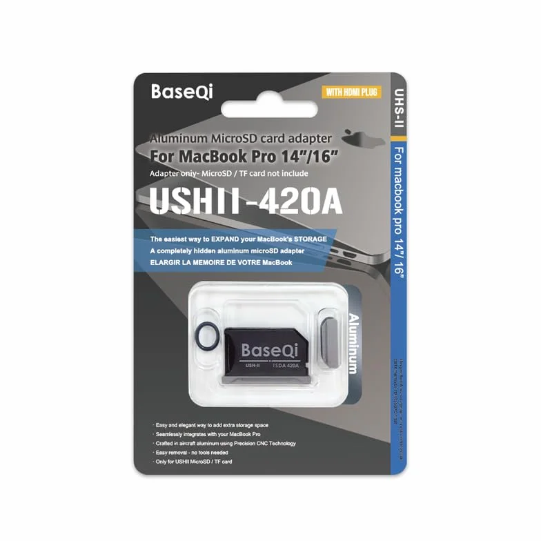Baseqi adapter MicroSD UHS-II z aluminium do MacBook Pro 14 cali i 16 cali 2021 M1 / 2022 M2 / 2023 M3