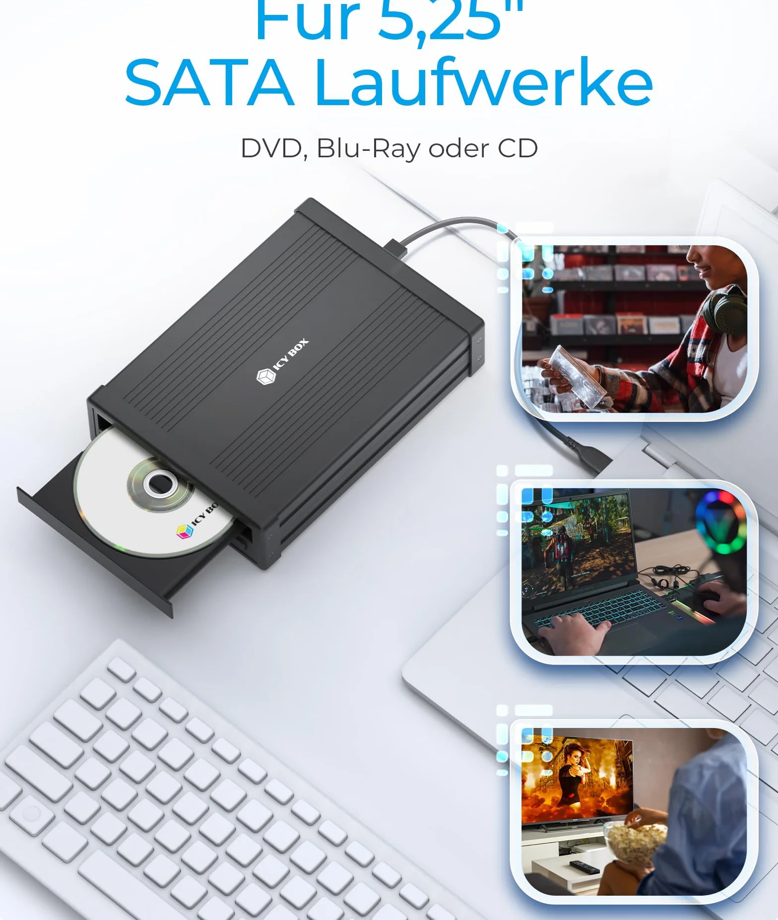 ICY BOX IB-525-U3 obudowa zewnętrzna do napędów Blu-ray i DVD USB 3.0 aluminium czarna 5,25 cala