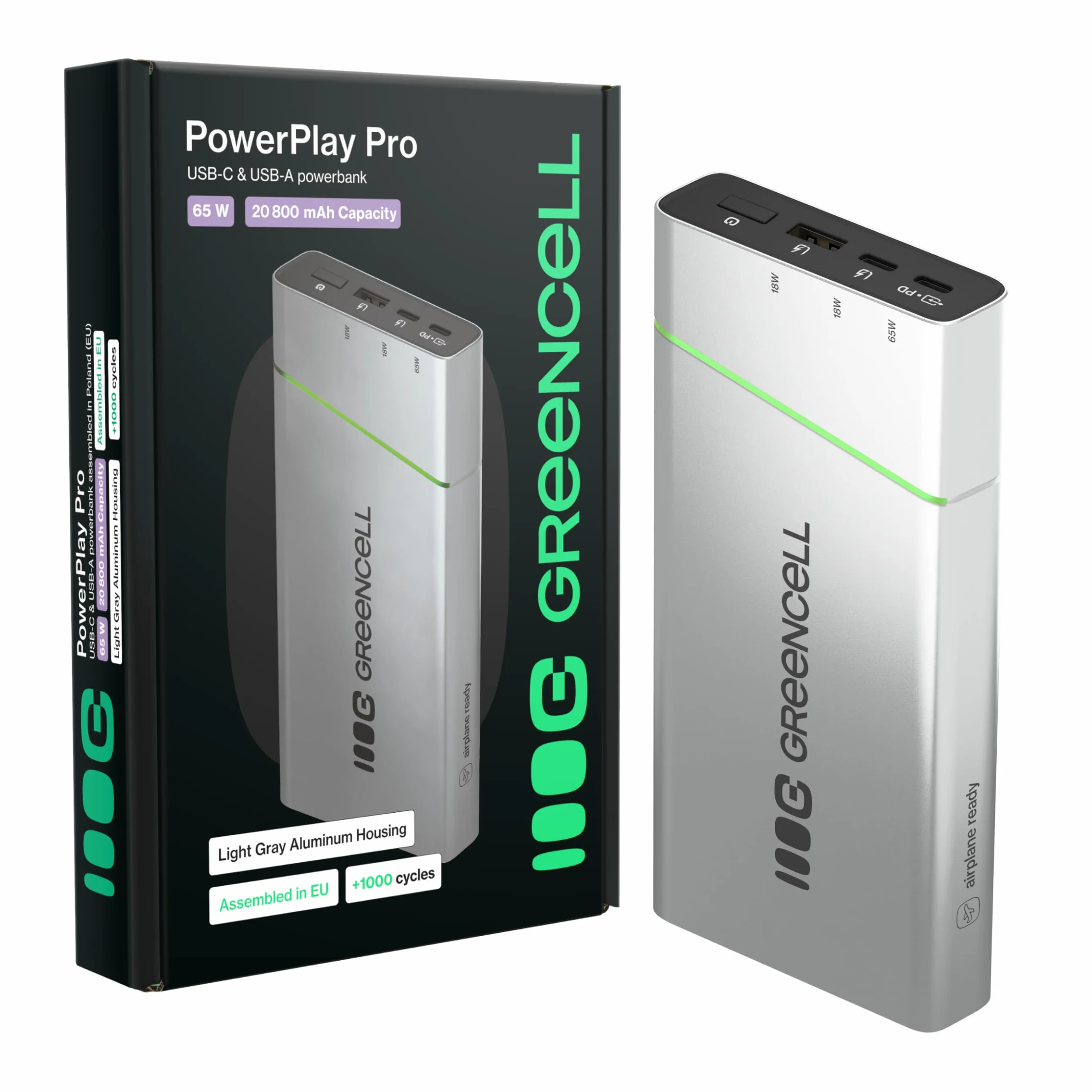 Powerbank Greencell PowerPlay Pro 20800 mAh 65 W, USB-C PD, szybkie ładowanie do MacBook, konsoli, iPhone 16/15/14 Pro Max, zewnętrzna ładowarka z 2 x USB-C, 1 x USB-A, idealny do podróży