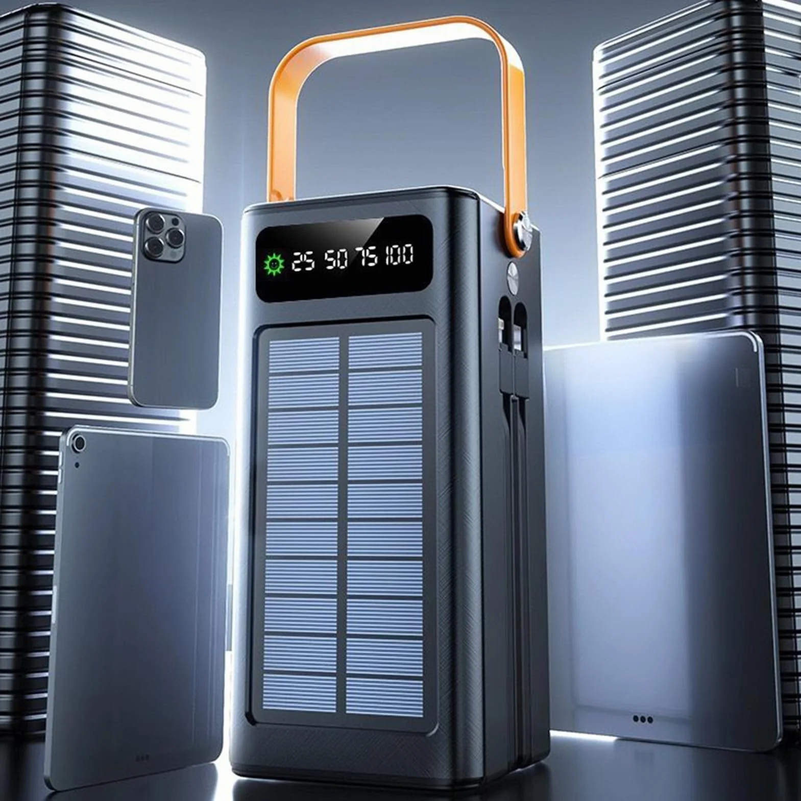 Ładowarka solarna do smartfonów | szybka ładowarka 120 W, 50 000 mAh, wyposażenie survivalowe ze światłem, 4 wyjścia, 3 wejścia, zintegrowany kabel do wszystkich telefonów komórkowych