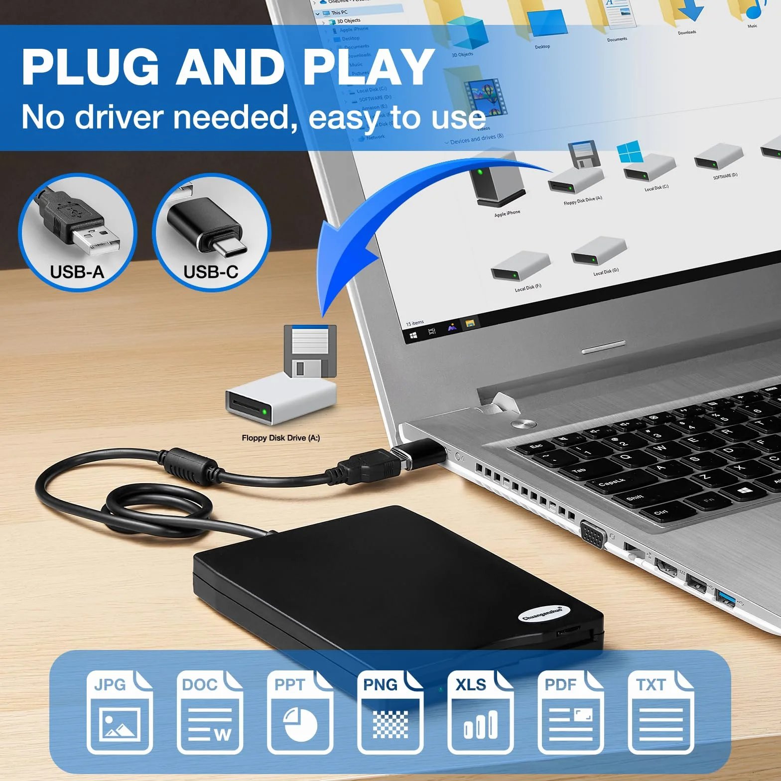 Przenośny zewnętrzny napęd dyskietek USB 3,5 cala 1,44 MB FDD do systemu Windows 2000/XP/Vista/7/8/10 lub Mac, nie wymaga dodatkowego sterownika, plug and play, czarny