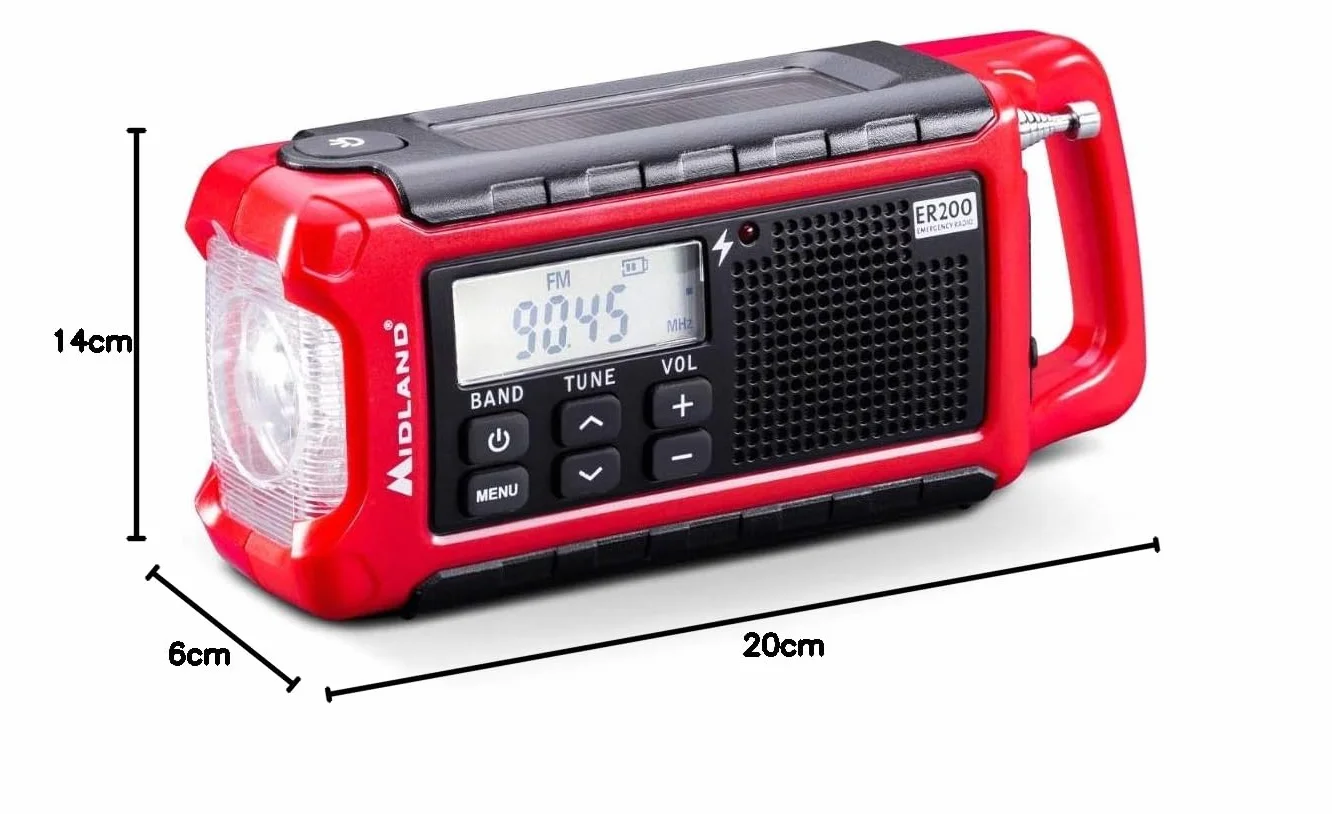 Midland ER200 Wielofunkcyjne Przenośne Radio Nakręcane, Awaryjny Powerbank 2200 mAh, Latarka LED, Solarna, Korba Ręczna, AM/FM USB, Akumulatory i Kabel USB
