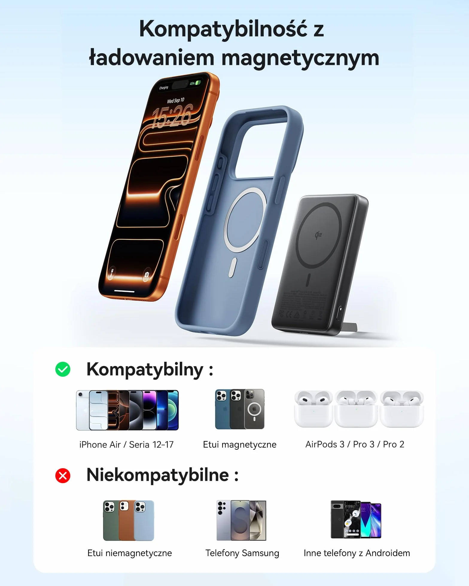 INIU Magnetyczne Powerbank 10000mAh Qi2 15W Bezprzewodowe Szybkie Ładowanie 45W USB-C Przenośna Ładowarka