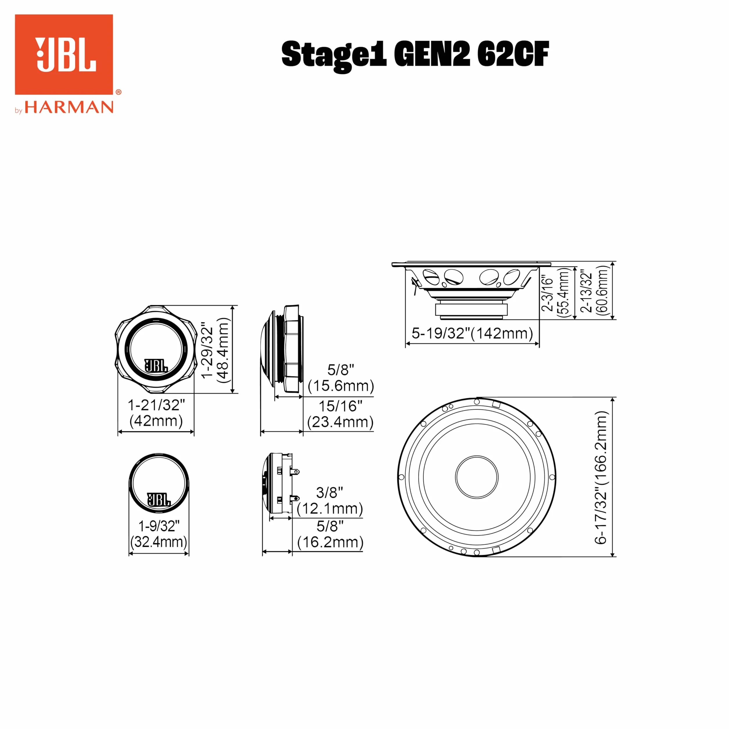 JBL Stage1 GEN2 62CF głośnik samochodowy 165 mm 6,5 cala 80 W RMS 640 W Max zestaw 2 głośników niskotonowych i 2 wysokotonowych