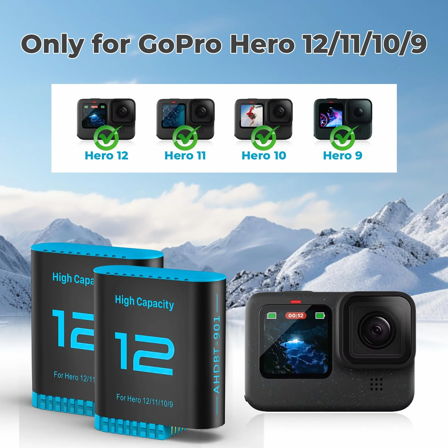 Hero12 zestaw 2 ładowarek akumulatorowych 2580 mAh, akumulator zamienny typu C, LED, trójkanałowa stacja ładująca do GoPro Hero 12 11 10 9 Black (ładowarka + 2 baterie)