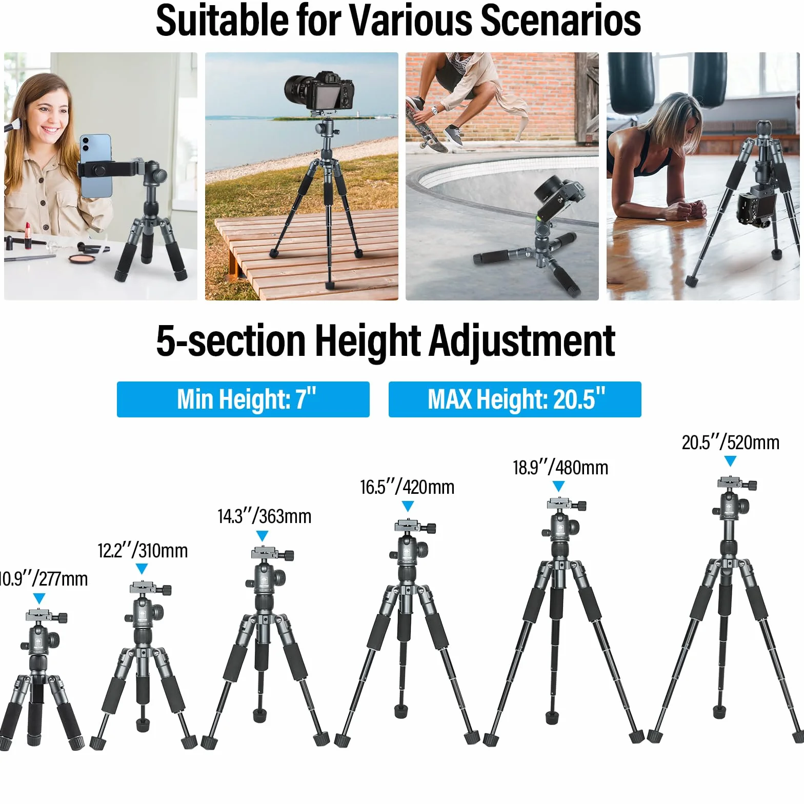 SIRUI Kompaktowy mini statyw biurkowy, 50.8 cm aluminiowy przenośny mały statyw stołowy z głowicą kulową 360° do telefonu z aparatem DSLR, ładowany do 10 kg, uchwyt na telefon w zestawie, AM-TT50