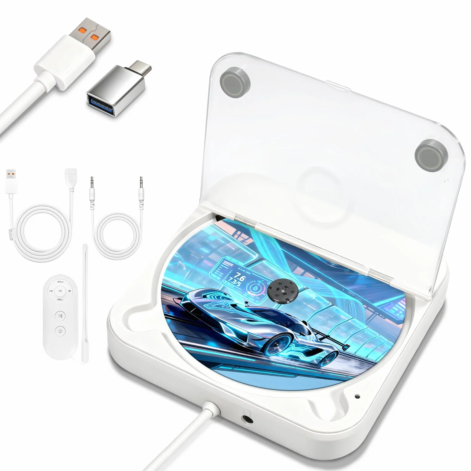 Przenośny odtwarzacz CD do samochodu, zewnętrzny odtwarzacz CD do samochodu USB Plug and Play, port AUX, kabel przedłużający USB, osobiste odtwarzacze CD do domu/biura/samochodu/laptopa (White)