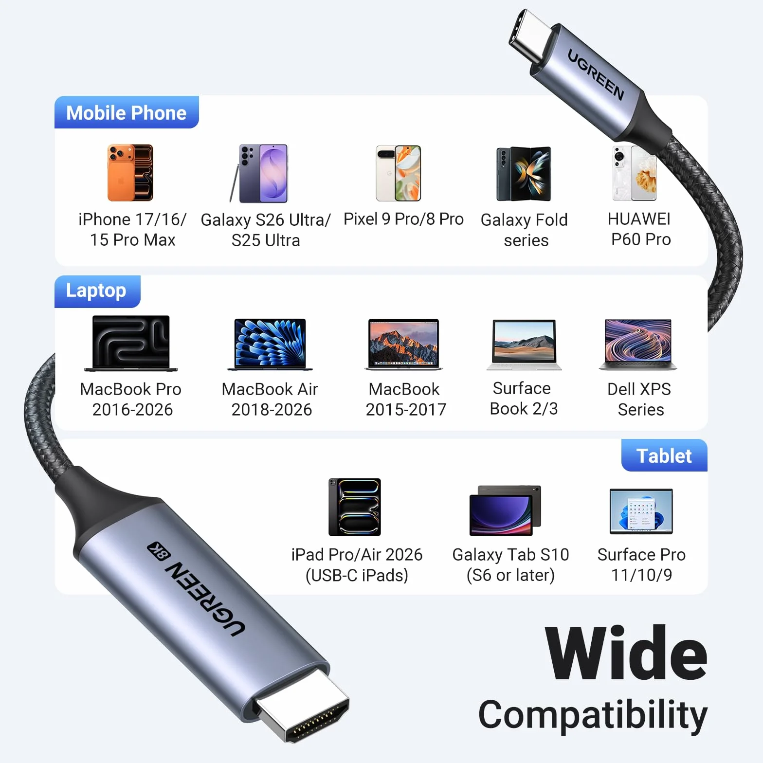 UGREEN USB C do kabla HDMI 2.1 8K@60Hz 4K@240Hz Ultra High Speed HDR HDCP 2.3 Thunderbolt 4/3 2M