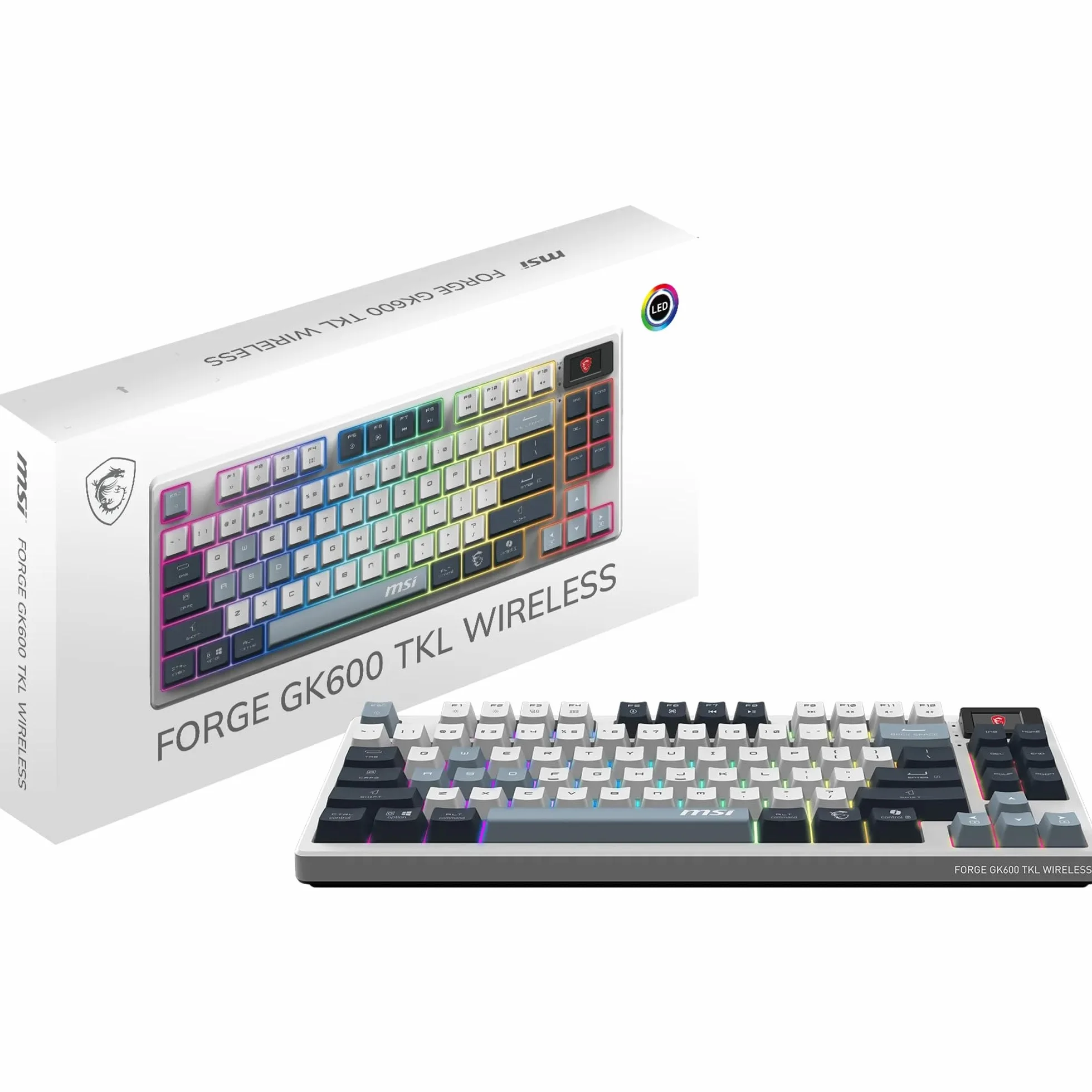 MSI Forge GK600 TKL Wireless Sky FR - AZERTY Mechaniczna klawiatura z przełącznikiem liniowym - sublimacyjne drukowane klawisze PBT, antypoślizgowy spód, LED RGB, USB 2.0, Bluetooth, 2.4 GHz