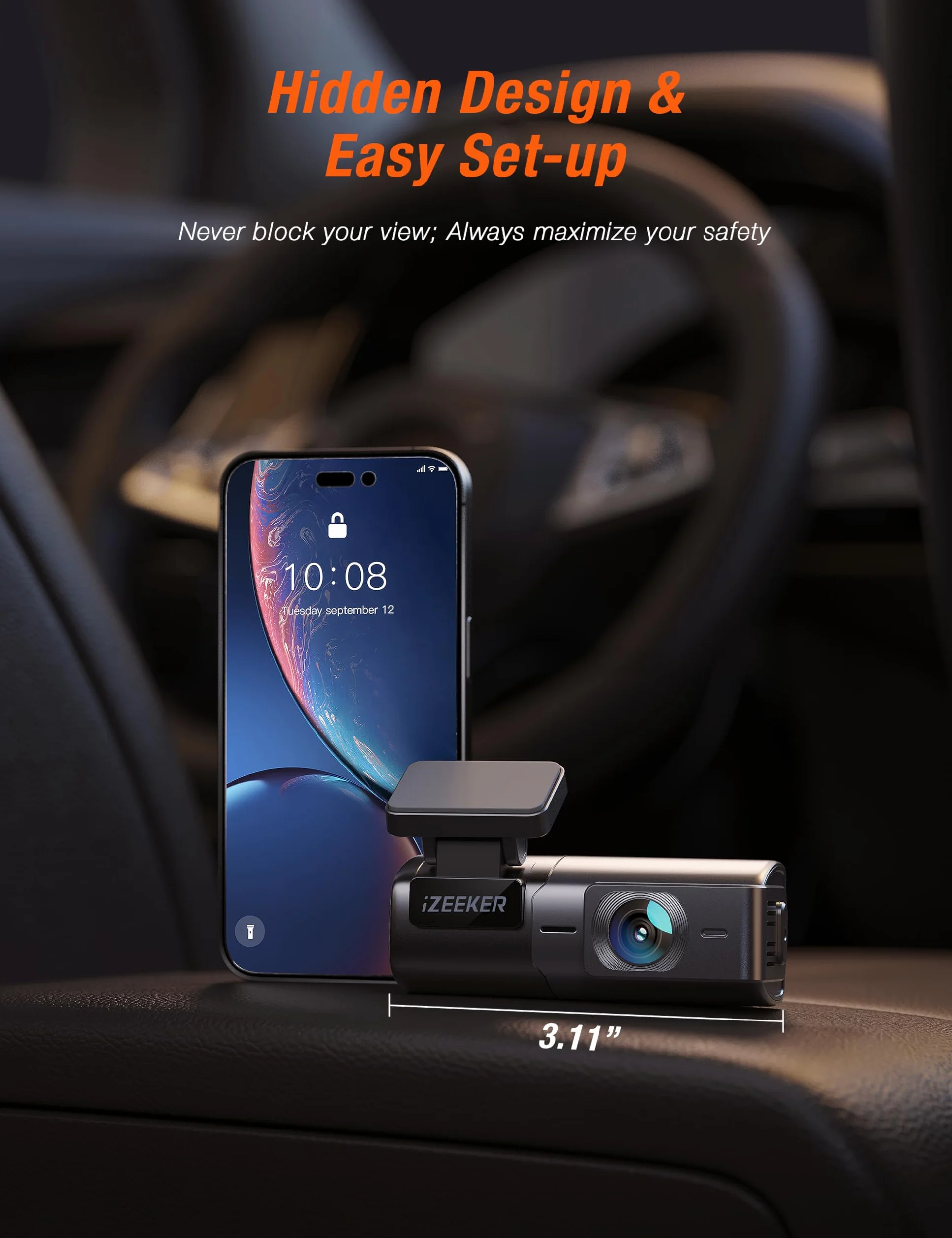 iZEEKER Kamera samochodowa 2,5K WiFi Dashcam 1440P z aplikacją, noktowizor WDR, czujnik G, nagrywanie w pętli