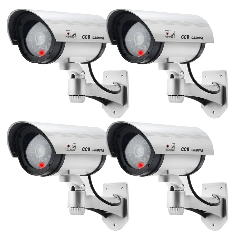 ERWEY Dummy kamera do monitoringu CCTV z migającym światłem LED, 4 sztuki (srebrna)