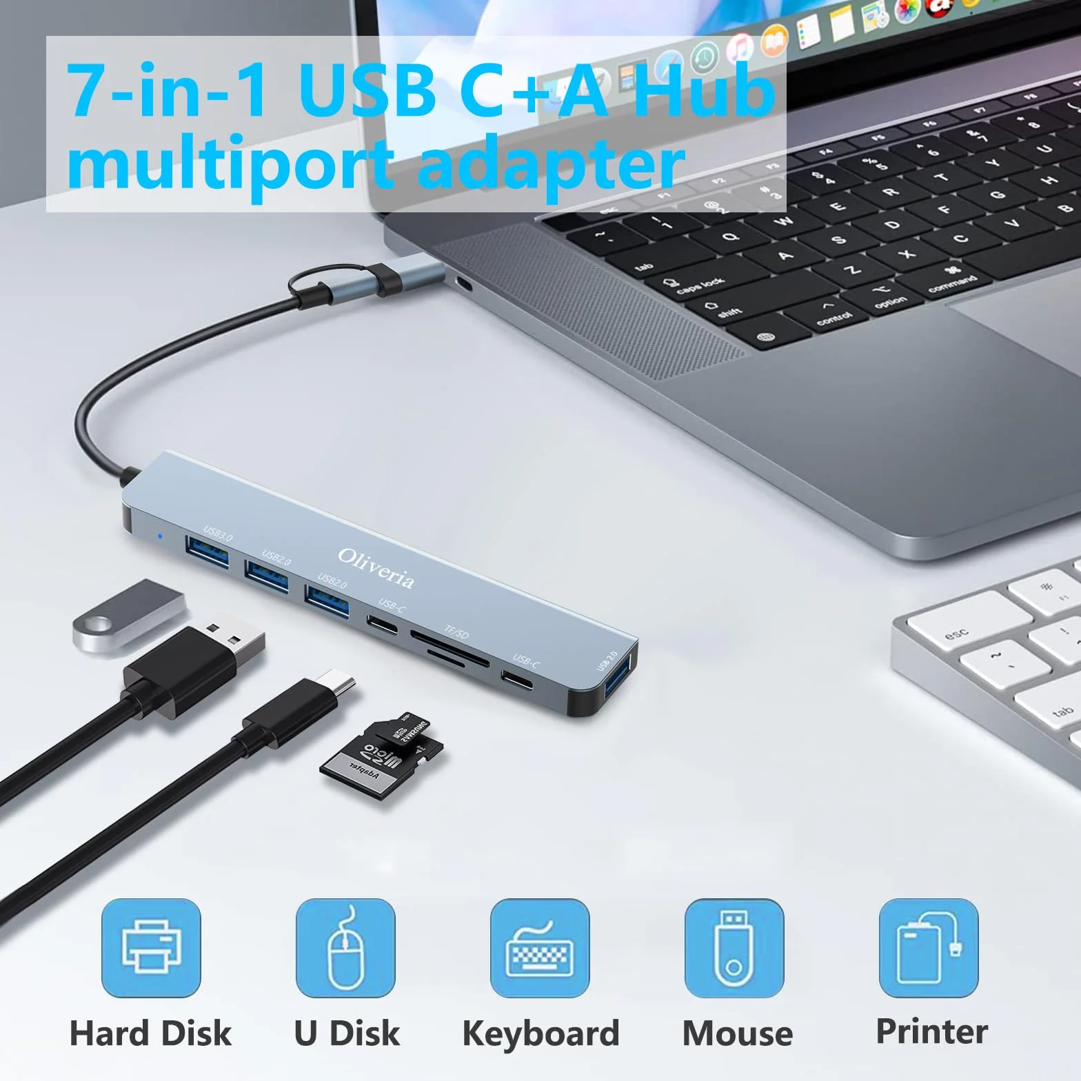Koncentrator USB-C 3.0, wieloportowy adapter USB Hub 3.0 8 w 2 z czytnikiem kart SD i TF, portami USB 3.0 i USB 2.0, portem USB-C, do urządzeń MacBook Air/Pro, Galaxy, iPada, z systemem Windows itp.
