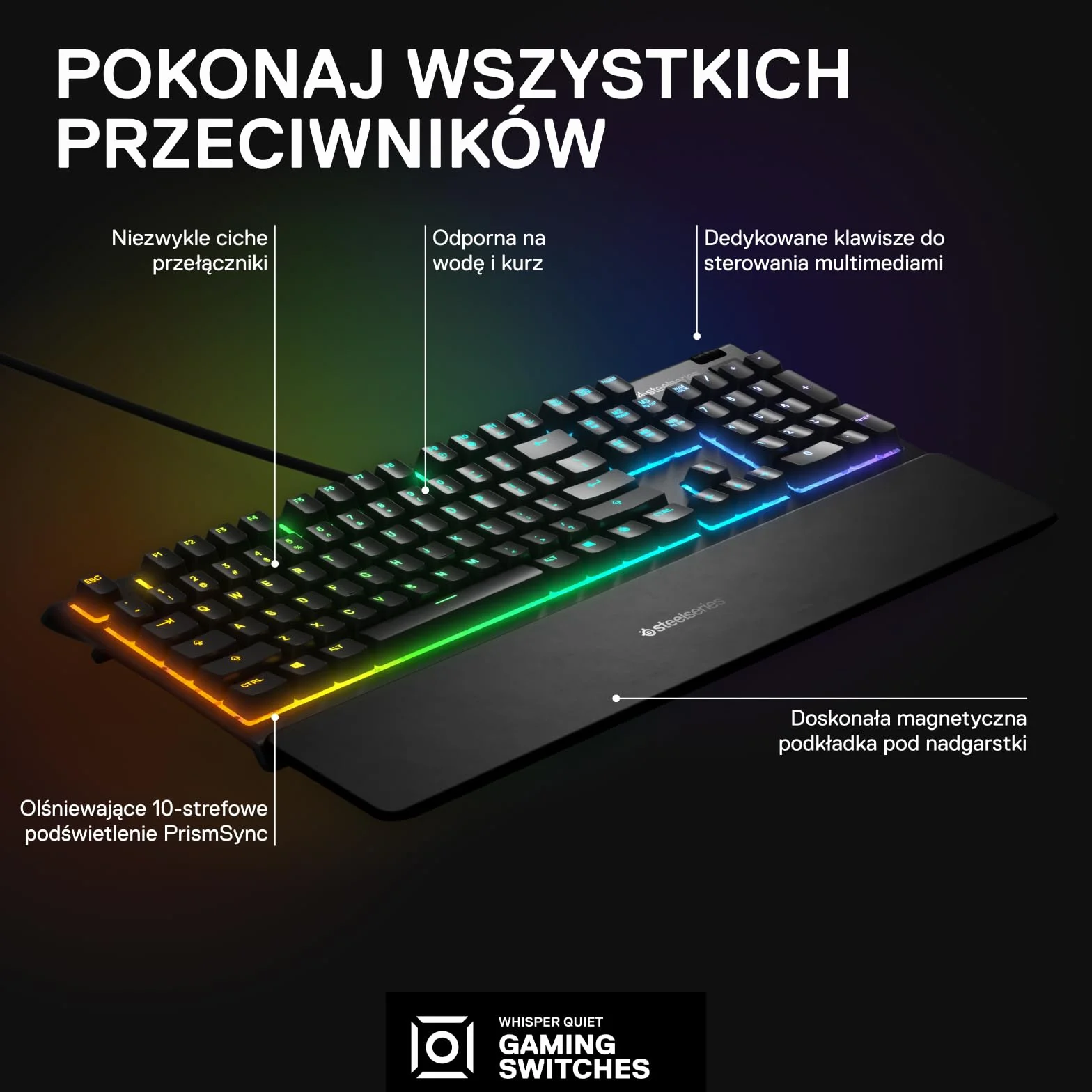SteelSeries Apex 3 – klawiatura gamingowa – 10-strefowe oświetlenie RGB – magnetyczna podkładka pod nadgarstki premium – układ hiszpański (QWERTY)