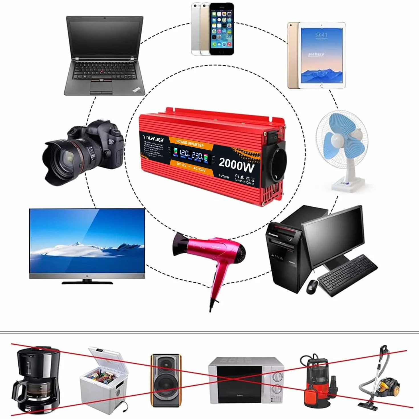 Yinleader Power Inverter 12V 220V 1000W / 2000W Przetwornica napięcia z wyświetlaczem LCD 2USB