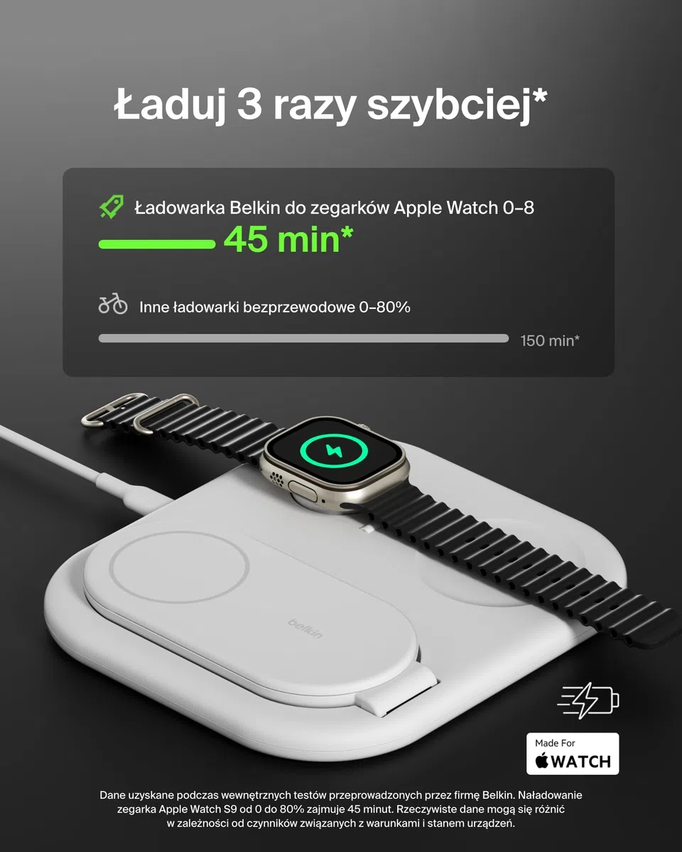 Belkin BoostCharge magnetyczna ładowarka ze składaną podstawką 3 w 1 z Qi2 15 W, szybka ładowarka zgodna z MagSafe, do urządzeń Apple iPhone 16/15/14, Apple Watch, AirPods, zasilacz w zestawie – biała